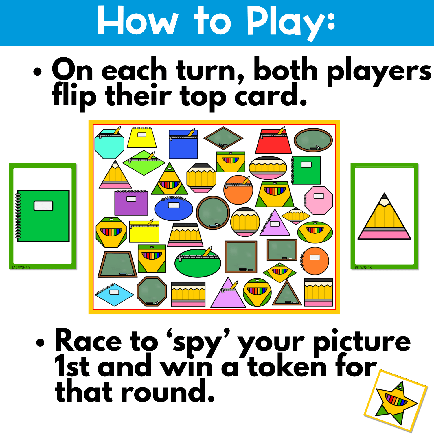 How to play back to school shapes I Spy board game image showing both players flip their top card, race to find the matching shape picture on the board, and win a token for 2D shape recognition and fast-paced classroom fun
