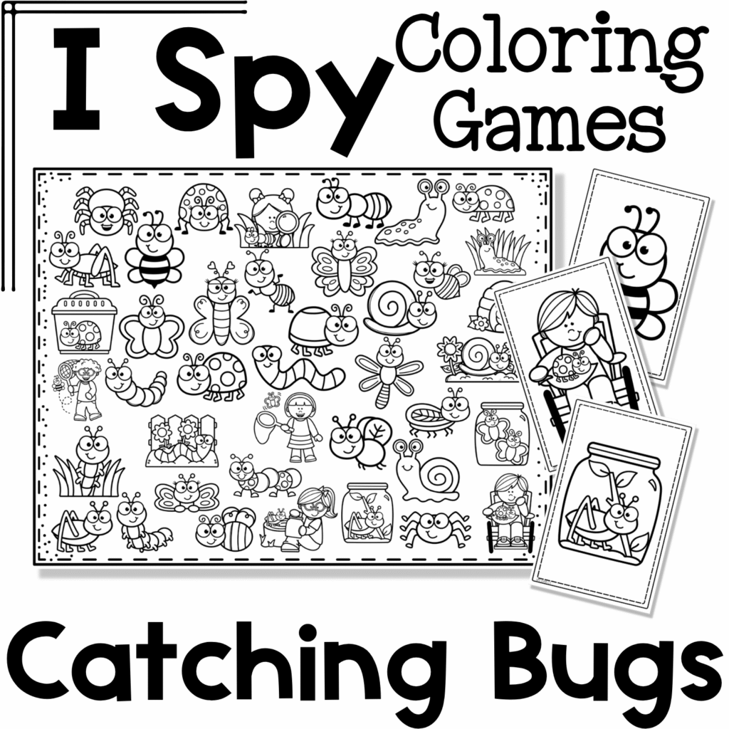 Bugs and insects I Spy Coloring Game cover showing a black-and-white bug-themed game board with insect image cards for fine motor skills, visual discrimination, and vocabulary practice.