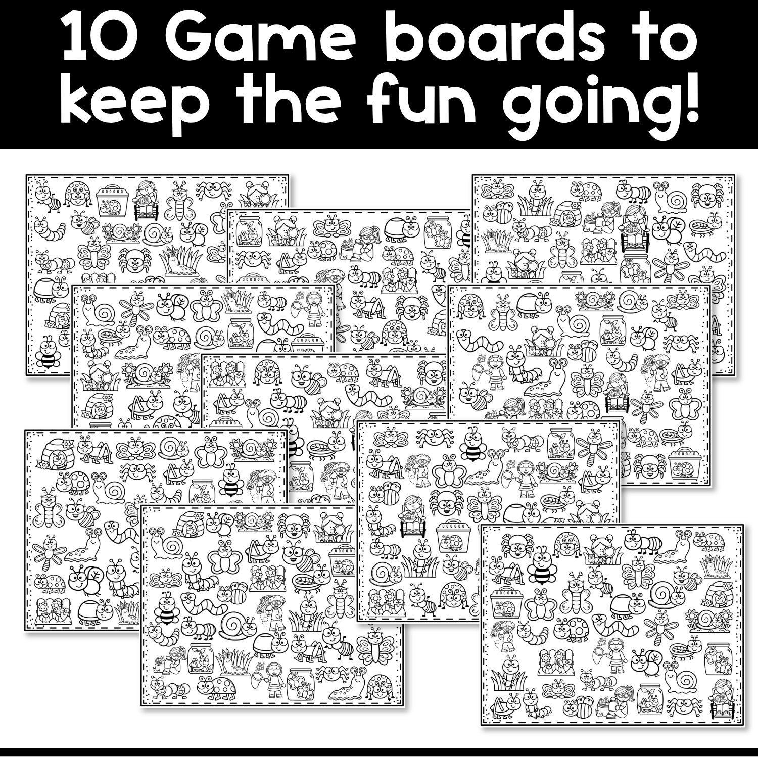 Preview of 10 black-and-white bugs and insects I Spy Coloring game boards filled with butterflies, bees, snails, ladybugs, caterpillars, spiders, and bug-catching pictures.