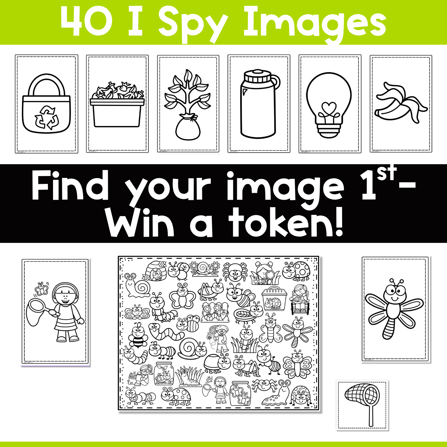 Bugs and insects I Spy Coloring Game preview showing 40 I Spy image cards, a bug-themed game board, and token cards for visual scanning and fine motor practice.
