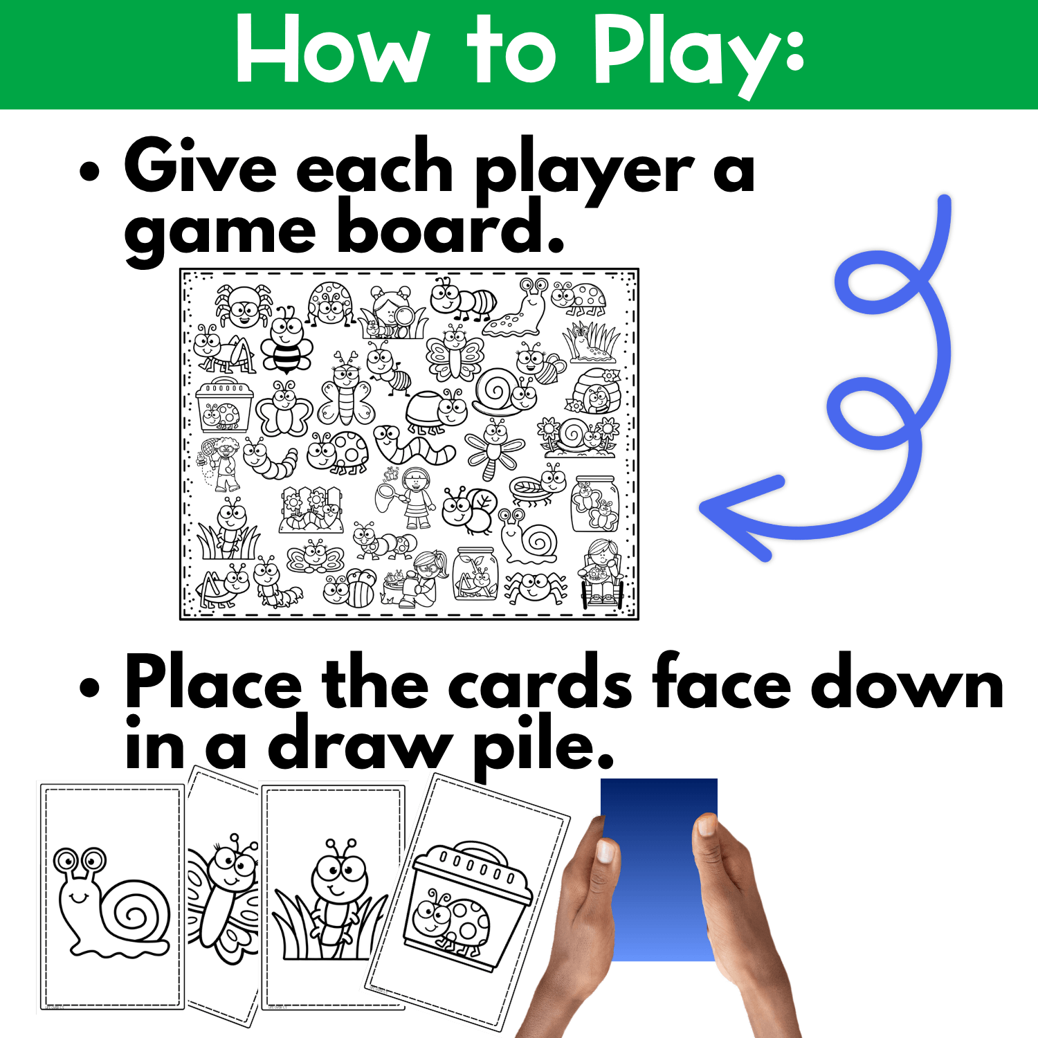 How to play directions for the Bugs and Insects I Spy Coloring Game showing students receiving a game board and placing bug image cards face down in a draw pile.