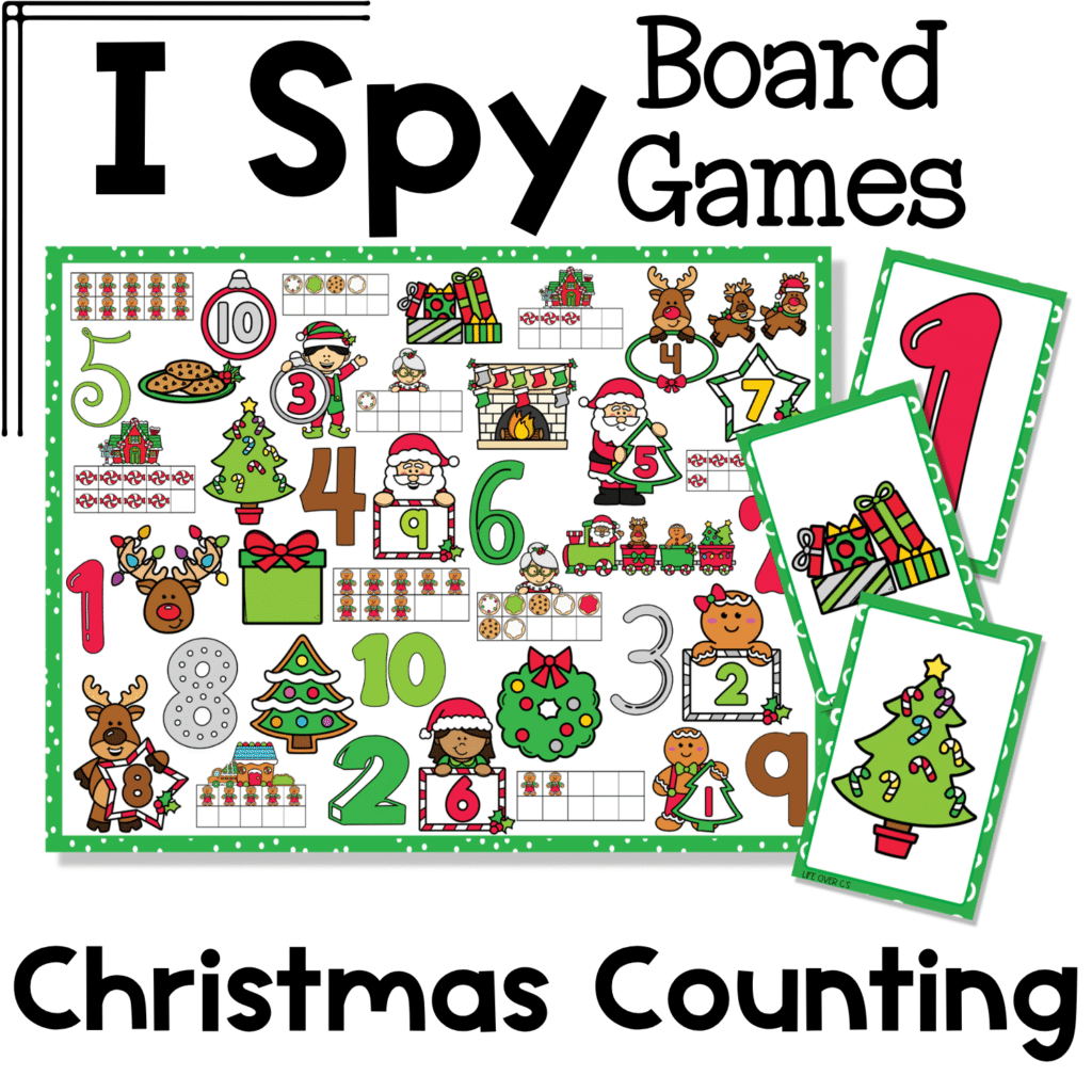 Christmas counting I Spy board game cover with printable game board and matching cards featuring numbers, Christmas trees, presents, gingerbread, reindeer, and holiday counting pictures for preschool and kindergarten number recognition practice
