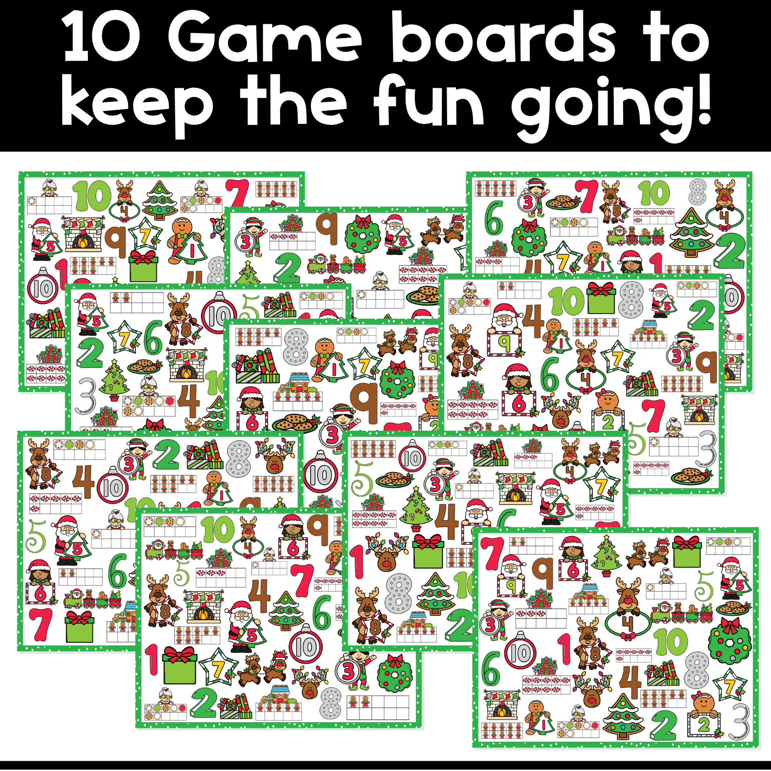 Set of 10 printable Christmas counting I Spy board game boards for preschool and kindergarten, designed for number recognition, counting skills, visual scanning, and hands-on holiday math game play