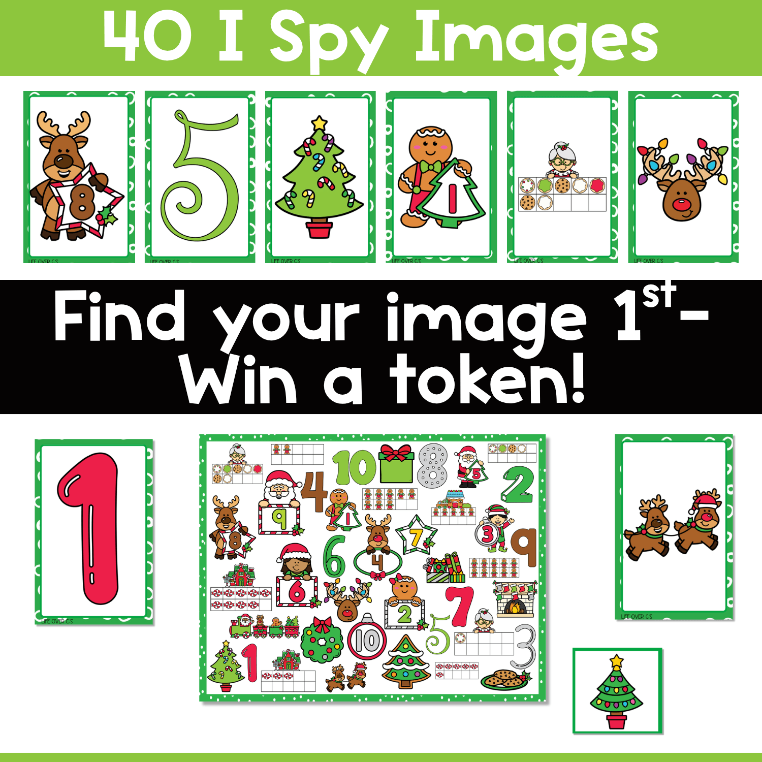 Christmas counting I Spy board game directions image showing 40 picture cards, printable holiday counting game board, and token play for number recognition, one-to-one correspondence, and visual discrimination practice