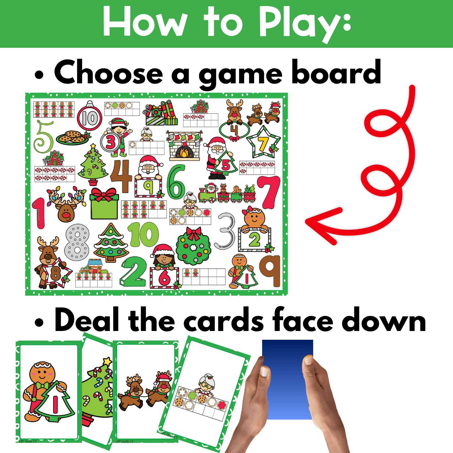 How to play Christmas counting I Spy board game printable with step-by-step directions, game board setup, and face-down draw pile cards for preschool holiday math, counting practice, and visual scanning activities