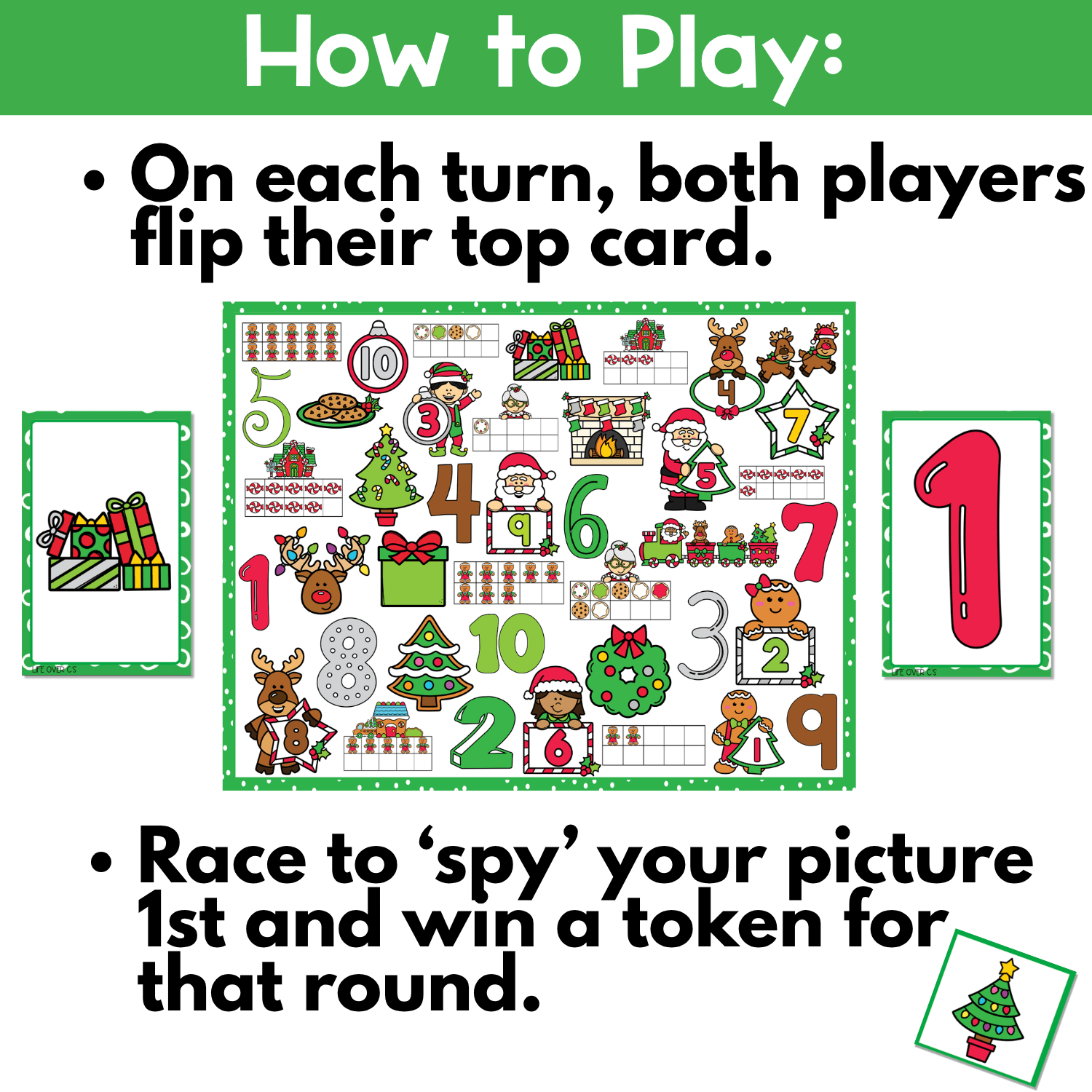 How to play Christmas counting I Spy board game image showing both players flip their top card, race to find the matching Christmas counting picture on the board, and win a token for number recognition and interactive holiday math practice