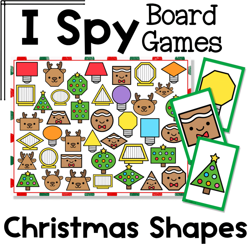 Christmas shapes I Spy board game cover with printable game board and matching cards featuring Christmas trees, reindeer, gingerbread cookies, ornaments, and holiday light shapes for preschool and kindergarten 2D shape recognition and visual discrimination