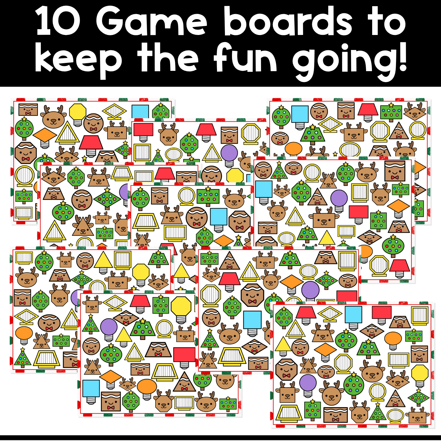 Set of 10 printable Christmas shapes I Spy board game boards for preschool and kindergarten, designed for 2D shape recognition, visual scanning, shape vocabulary, and hands-on holiday math game play