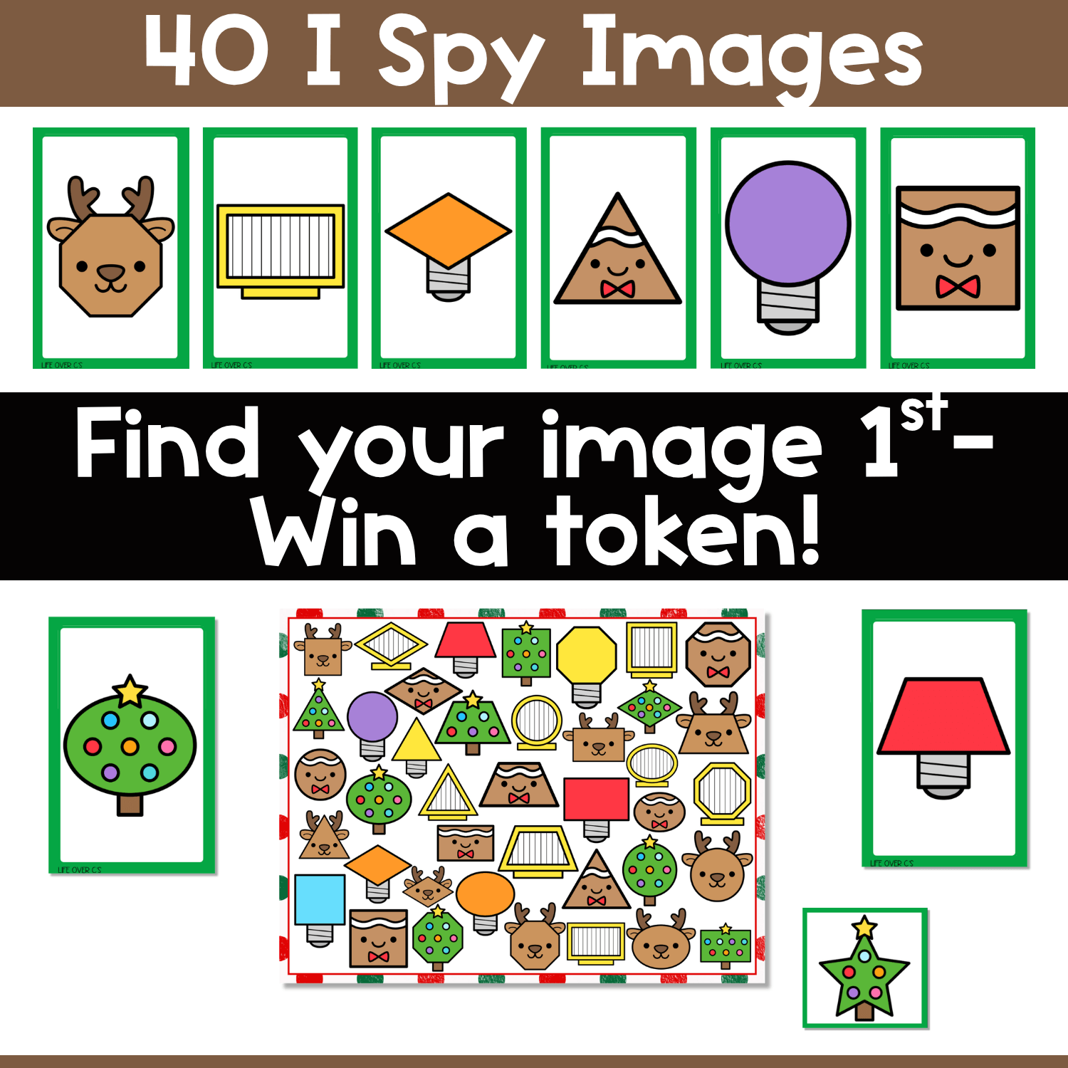Christmas shapes I Spy board game directions image showing 40 picture cards, printable holiday shape game board, and token play for visual discrimination, visual scanning, and Christmas shape identification practice