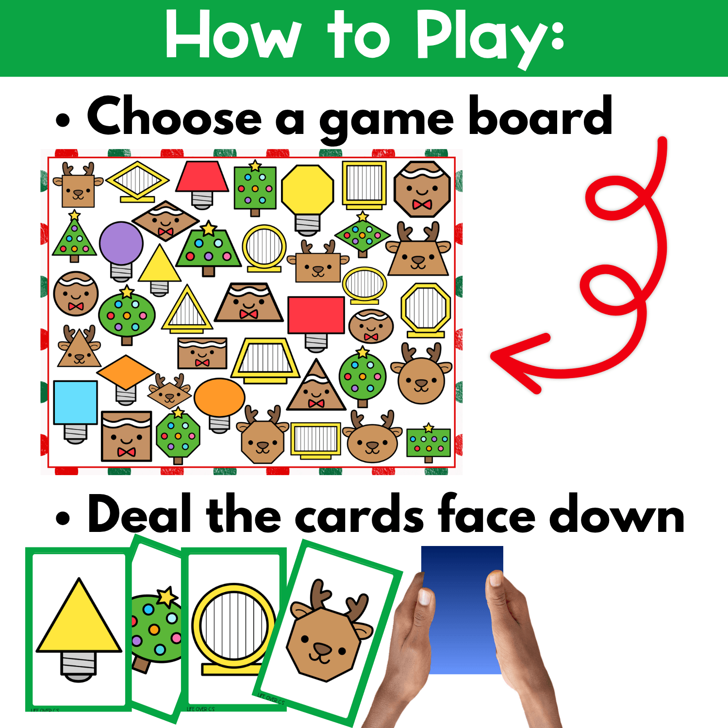 How to play Christmas shapes I Spy board game printable with step-by-step directions, game board setup, and face-down draw pile cards for preschool holiday shape recognition and visual scanning practice