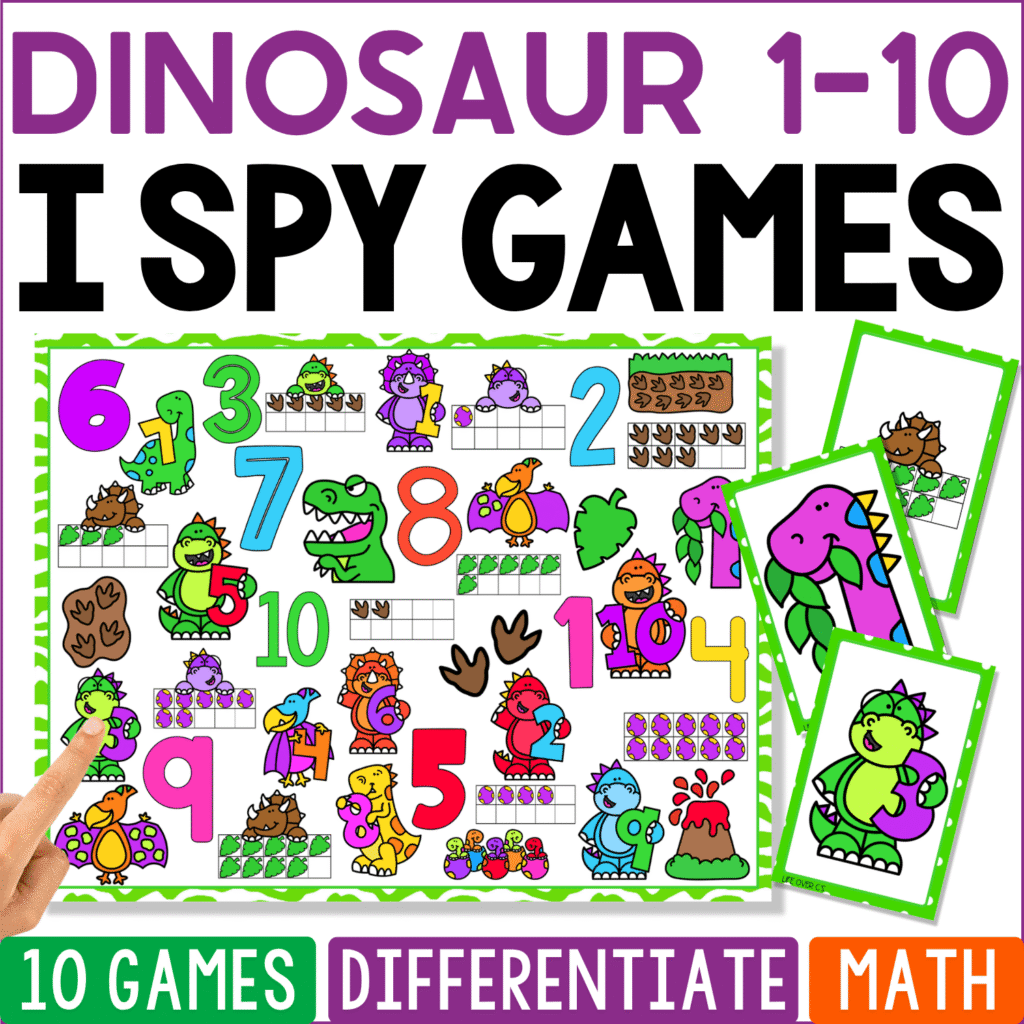 Dinosaur Counting 1-10 I Spy math game cover with colorful dinosaurs, numerals, ten frames, dinosaur eggs, footprints, fossils, volcanoes, and prehistoric counting pictures.