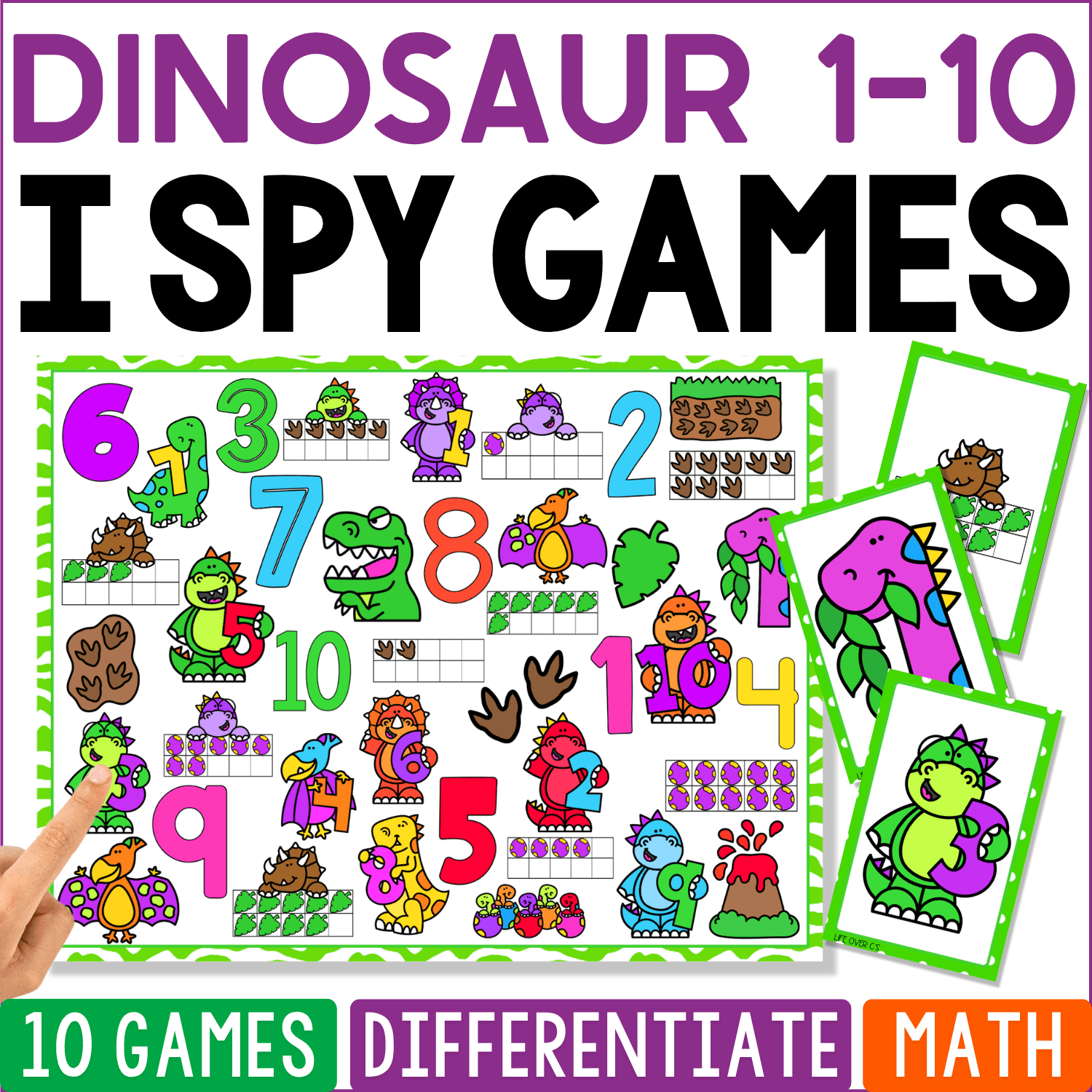 Dinosaur Counting 1-10 I Spy math game cover with colorful dinosaurs, numerals, ten frames, dinosaur eggs, footprints, fossils, volcanoes, and prehistoric counting pictures.
