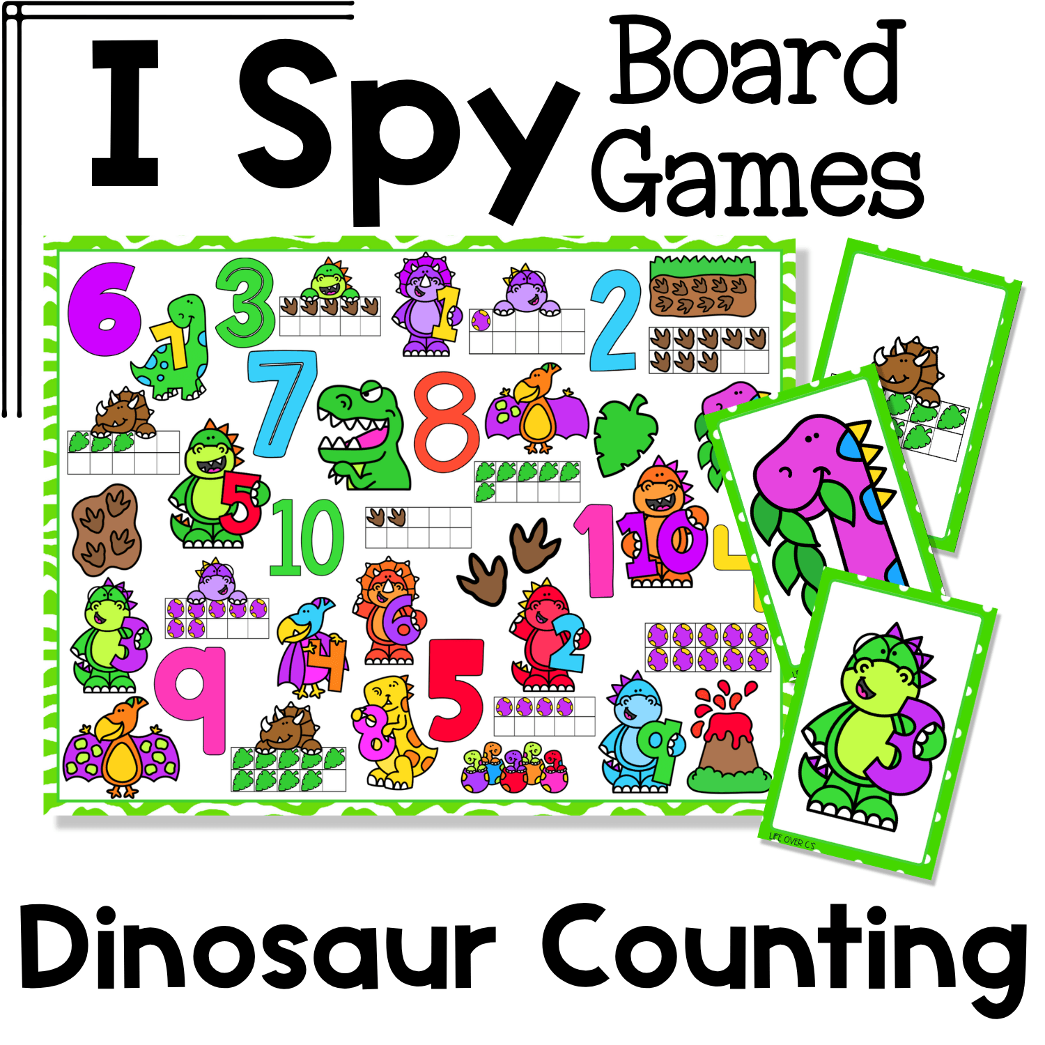 Dinosaur counting I Spy board game cover with printable game board and matching cards featuring colorful dinosaurs, numbers, footprints, eggs, and counting sets for preschool and kindergarten number recognition and counting practice