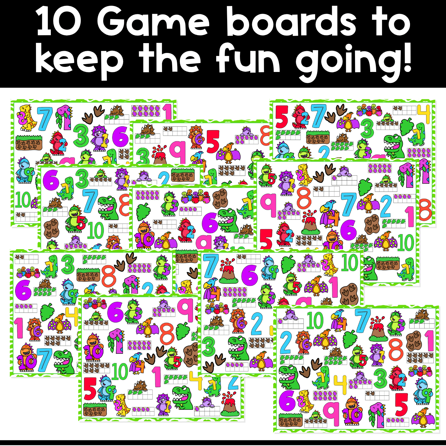 Set of 10 printable dinosaur counting I Spy board game boards for preschool and kindergarten, designed for number recognition, counting skills, visual scanning, and hands-on dinosaur math game play