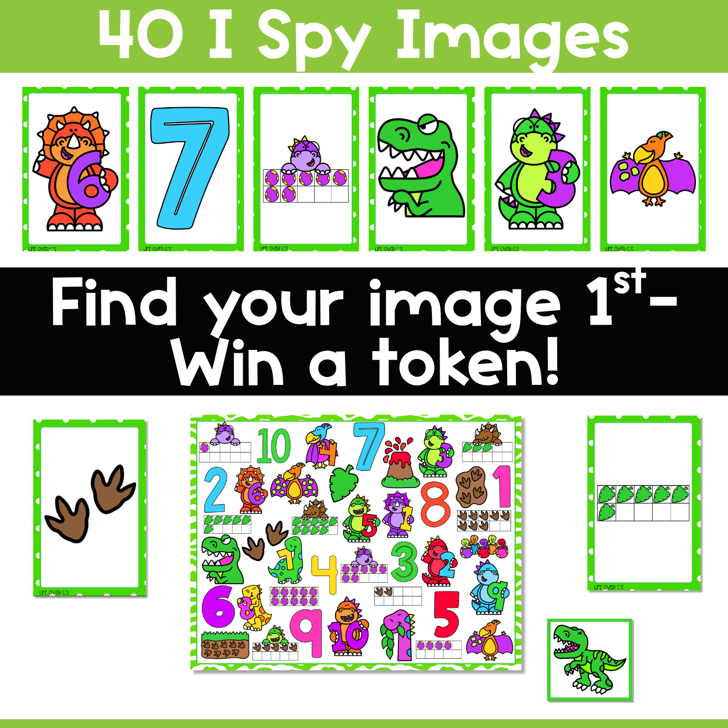 Dinosaur counting I Spy board game directions image showing 40 picture cards, printable dinosaur math game board, and token play for number recognition, one-to-one correspondence, and visual discrimination practice