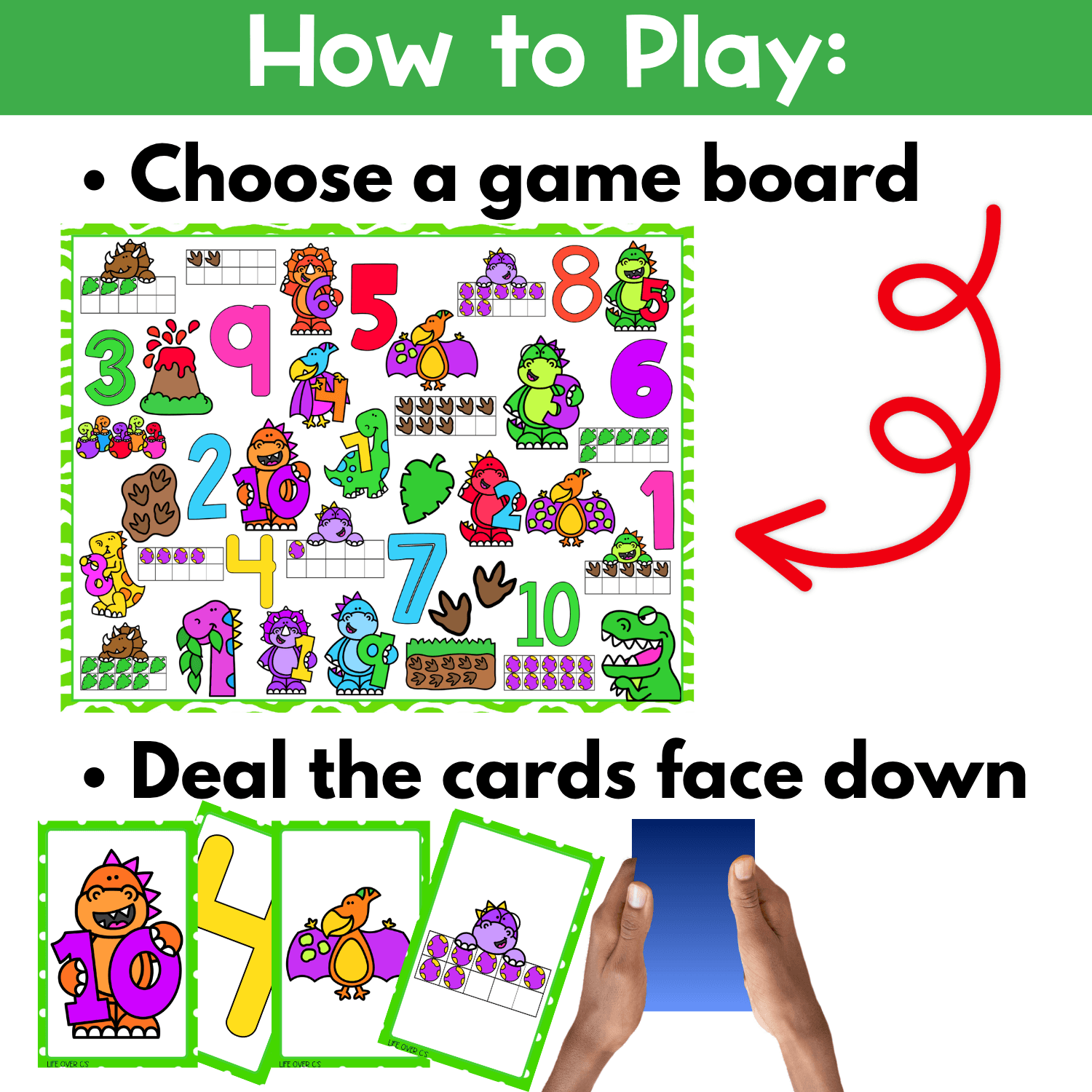 How to play dinosaur counting I Spy board game printable with step-by-step directions, game board setup, and face-down draw pile cards for preschool counting practice, number recognition, and visual scanning activities
