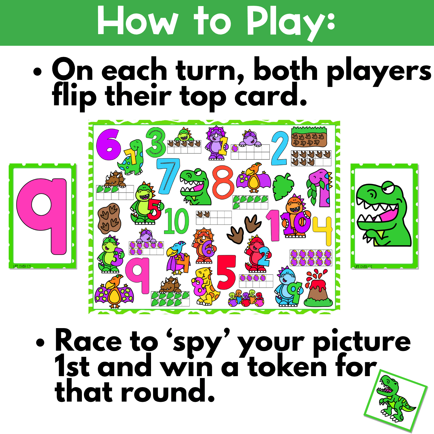 How to play dinosaur counting I Spy board game image showing both players flip their top card, race to find the matching dinosaur counting picture on the board, and win a token for number recognition and interactive preschool math practice