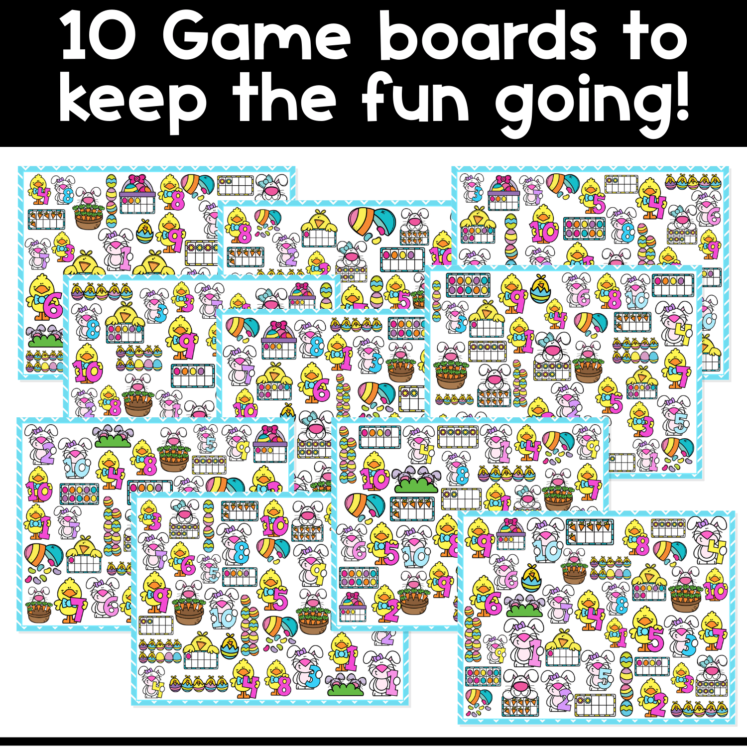 Set of 10 printable Easter counting I Spy board game boards for preschool and kindergarten, designed for number recognition, counting skills, visual scanning, and hands-on spring math game play
