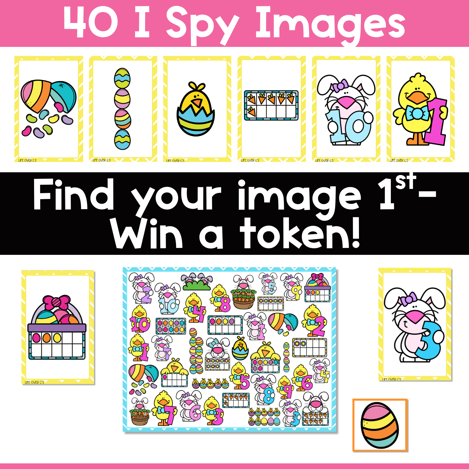 Easter counting I Spy board game directions image showing 40 picture cards, printable Easter math game board, and token play for number recognition, one-to-one correspondence, and visual discrimination practice