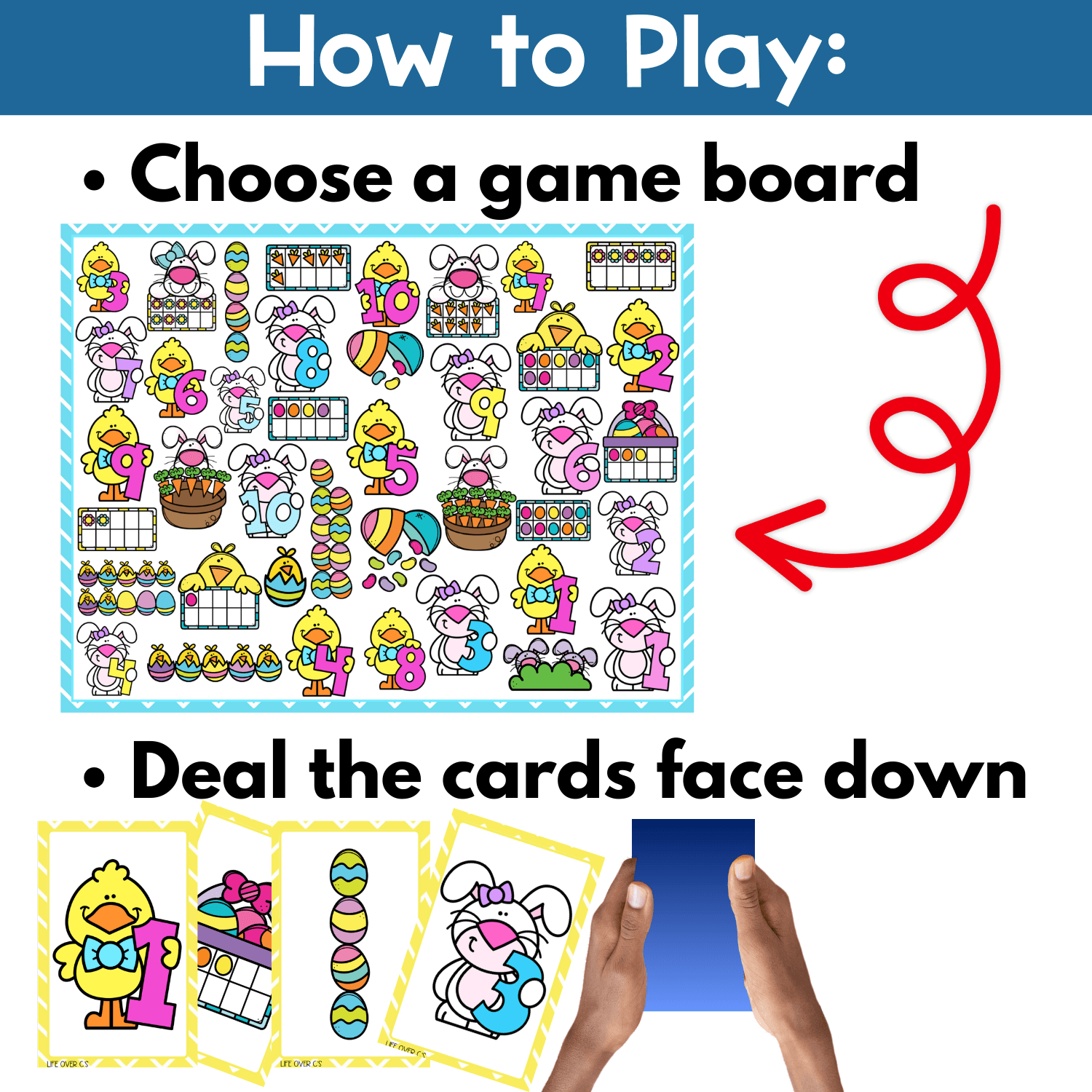 How to play Easter counting I Spy board game printable with step-by-step directions, game board setup, and face-down draw pile cards for preschool Easter counting activities, number recognition, and visual scanning practice