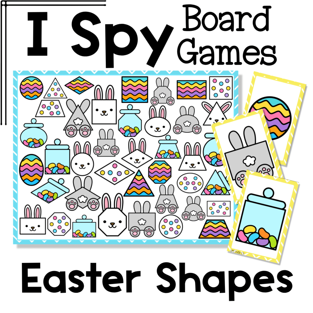 Easter shapes I Spy board game cover with printable game board and matching cards featuring bunnies, Easter eggs, jelly bean jars, and spring shape pictures for preschool and kindergarten 2D shape recognition and visual discrimination