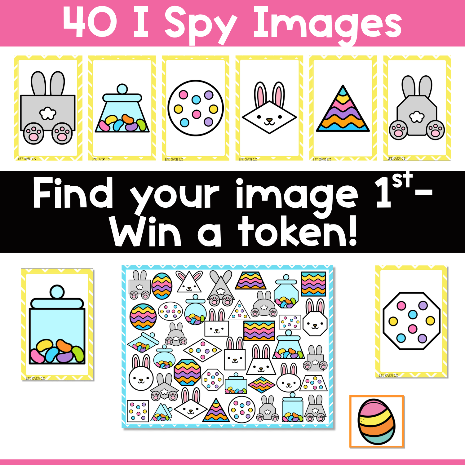 Easter shapes I Spy board game directions image showing 40 picture cards, printable Easter shape game board, and token play for visual discrimination, visual scanning, and spring shape identification practice