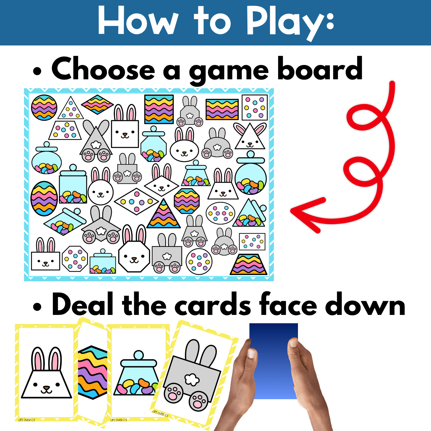 How to play Easter shapes I Spy board game printable with step-by-step directions, game board setup, and face-down draw pile cards for preschool Easter shape recognition and visual scanning practice