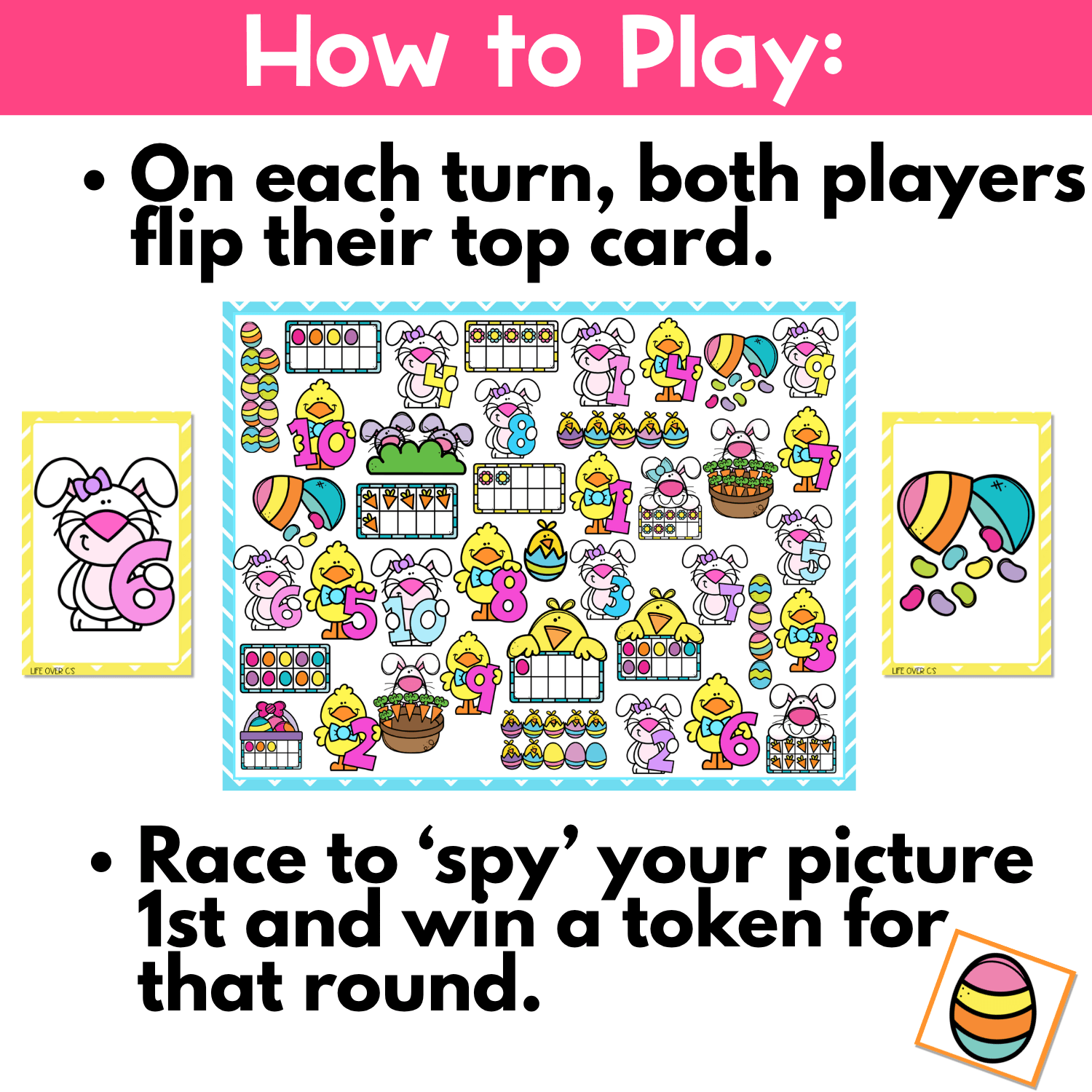 How to play Easter shapes I Spy board game image showing both players flip their top card, race to find the matching Easter shape picture on the board, and win a token for 2D shape recognition and interactive spring math fun