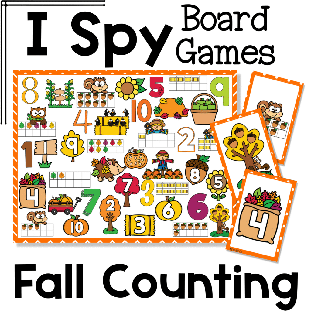 Fall counting I Spy board game cover with printable game board and matching cards featuring autumn numbers, pumpkins, leaves, sunflowers, acorns, owls, scarecrows, and ten frames for preschool and kindergarten number recognition practice