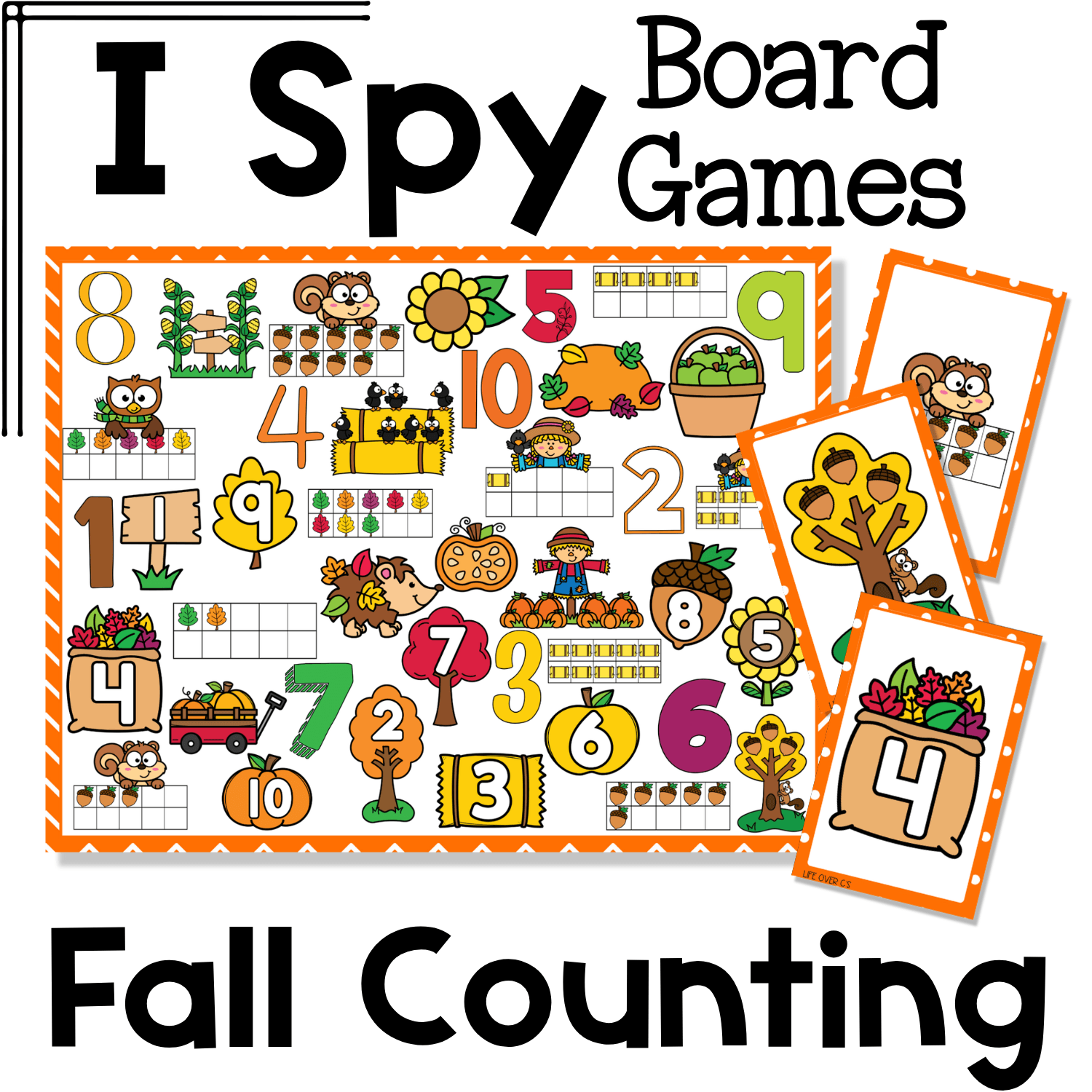 Fall counting I Spy board game cover with printable game board and matching cards featuring autumn numbers, pumpkins, leaves, sunflowers, acorns, owls, scarecrows, and ten frames for preschool and kindergarten number recognition practice