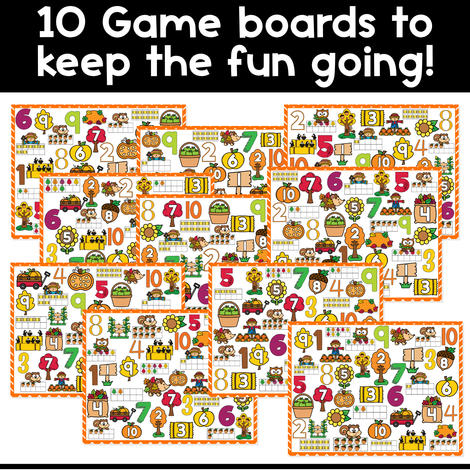 Set of 10 printable fall counting I Spy board game boards for preschool and kindergarten, designed for number recognition, counting skills, visual scanning, and hands-on autumn math game play