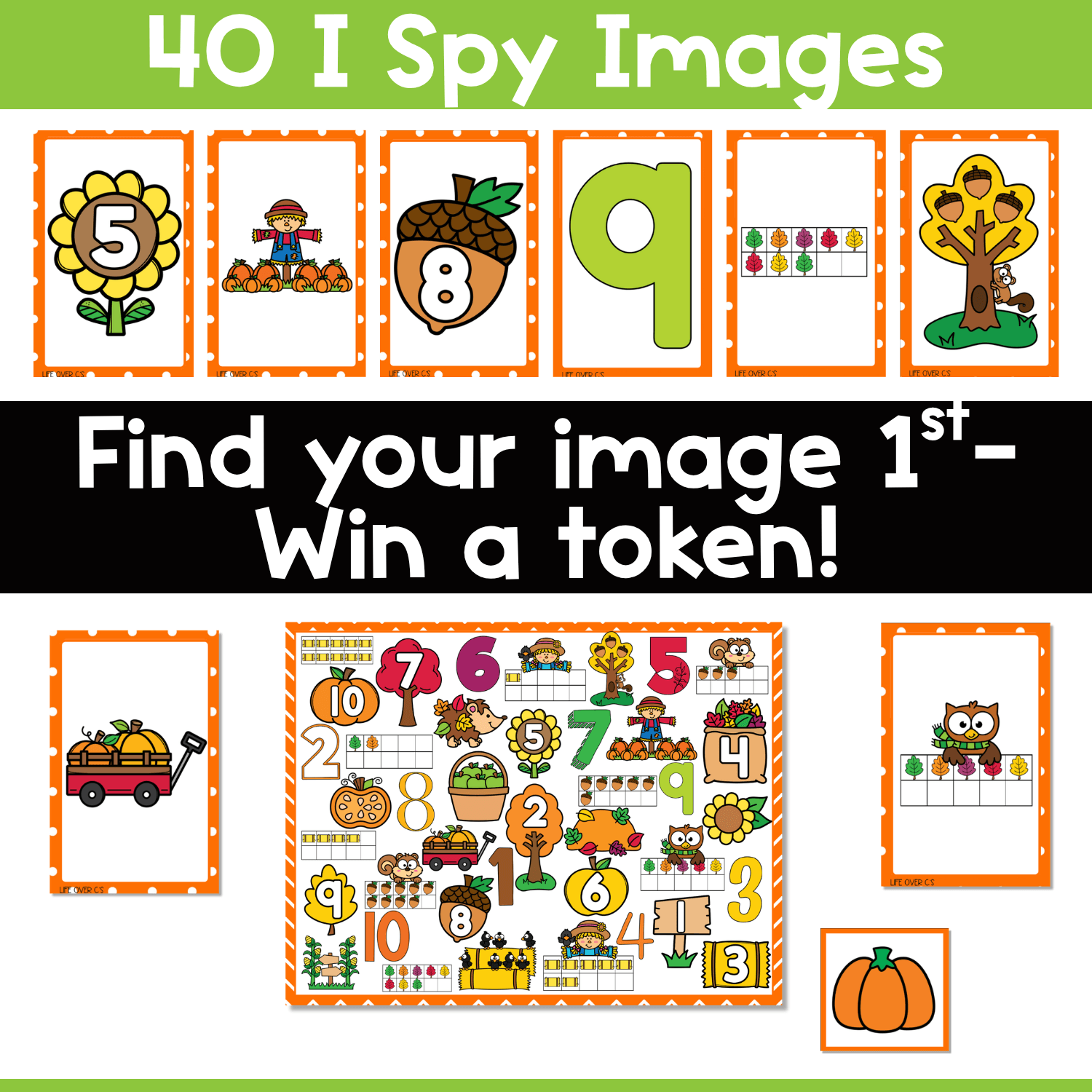 Fall counting I Spy board game directions image showing 40 picture cards, printable autumn math game board, and token play for number recognition, one-to-one correspondence, and visual discrimination practice