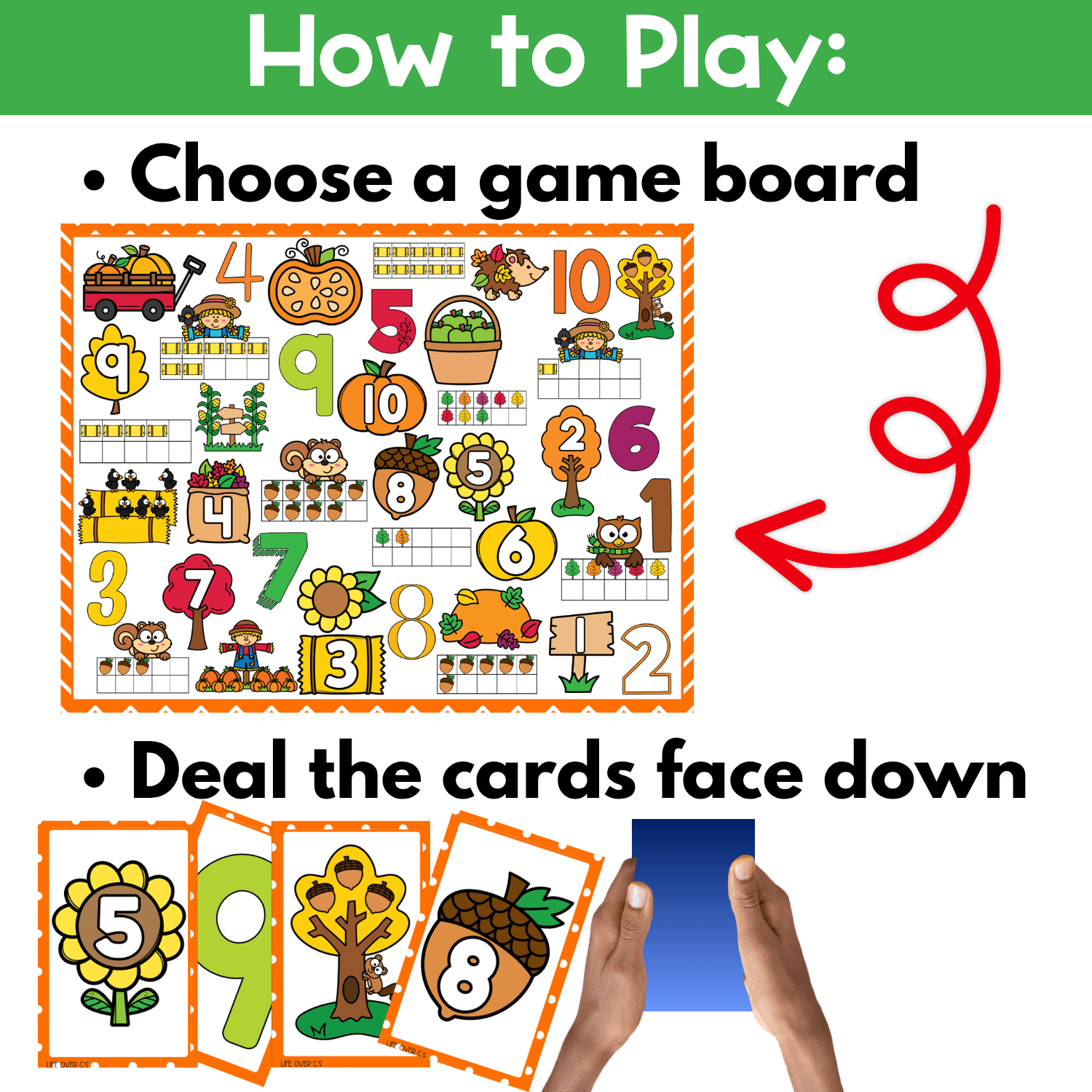 How to play fall counting I Spy board game printable with step-by-step directions, game board setup, and face-down draw pile cards for preschool fall counting activities, number recognition, and visual scanning practice