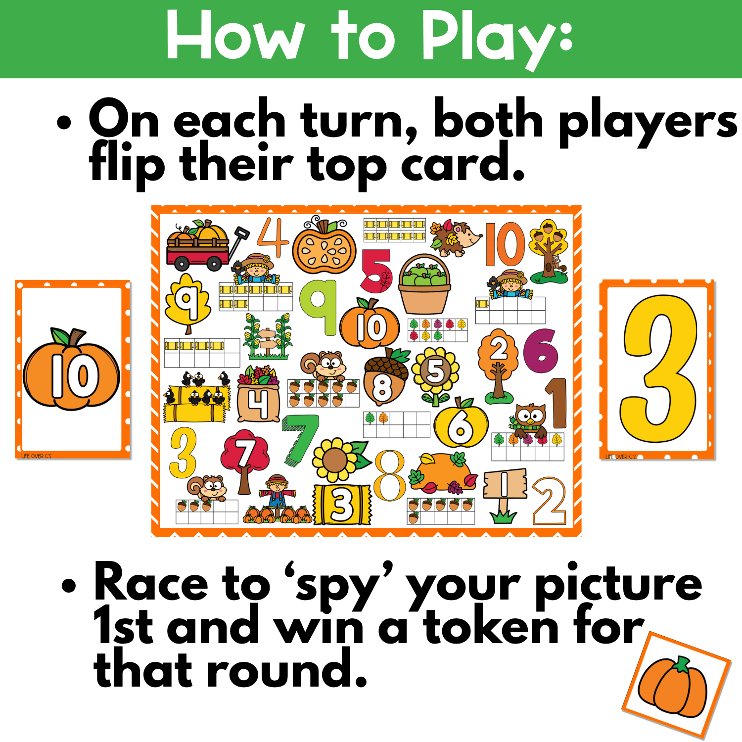 How to play fall counting I Spy board game image showing both players flip their top card, race to find the matching fall counting picture on the board, and win a token for number recognition and interactive autumn math fun