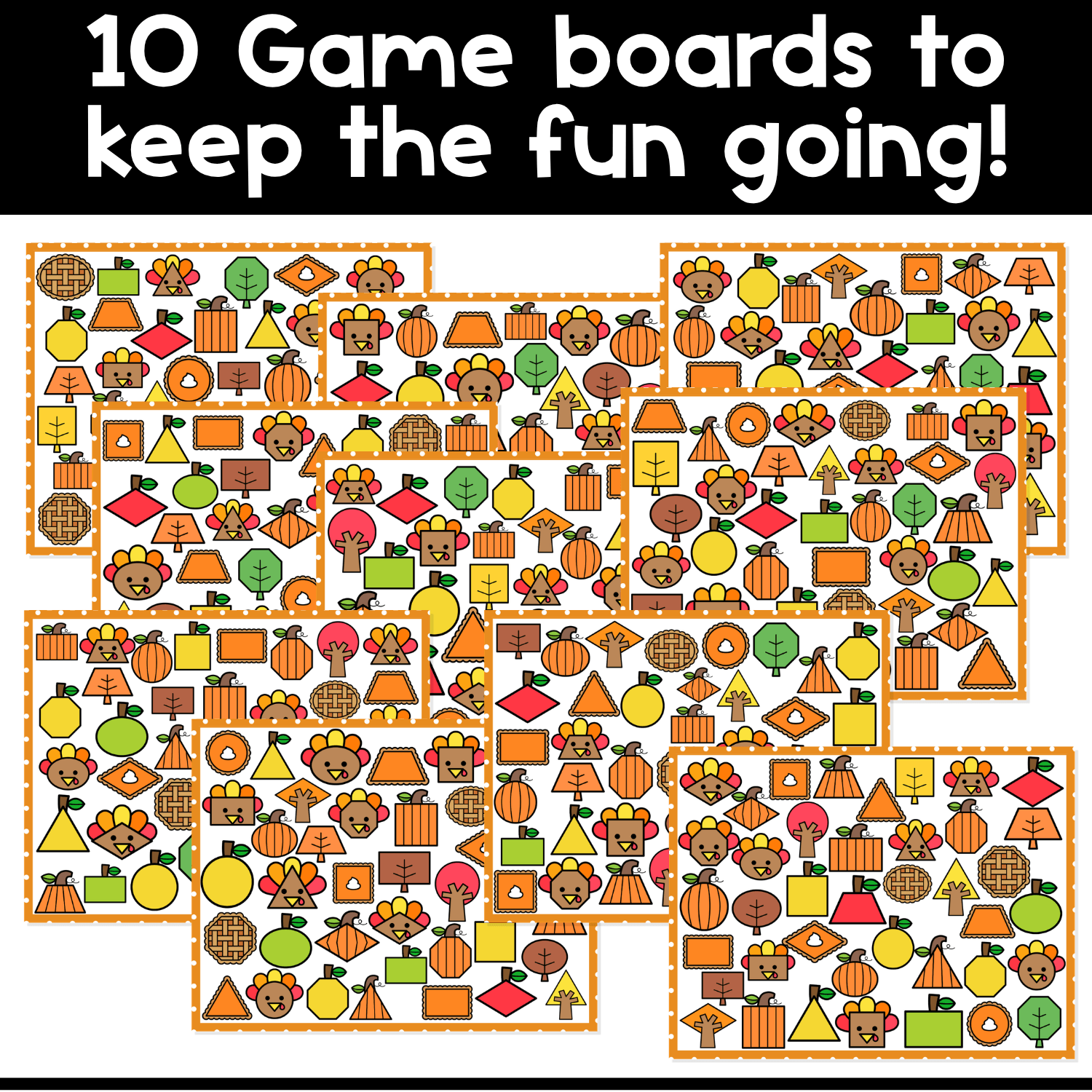Set of 10 printable fall shapes I Spy board game boards for preschool and kindergarten, designed for 2D shape recognition, visual scanning, shape vocabulary, and hands-on autumn math game play