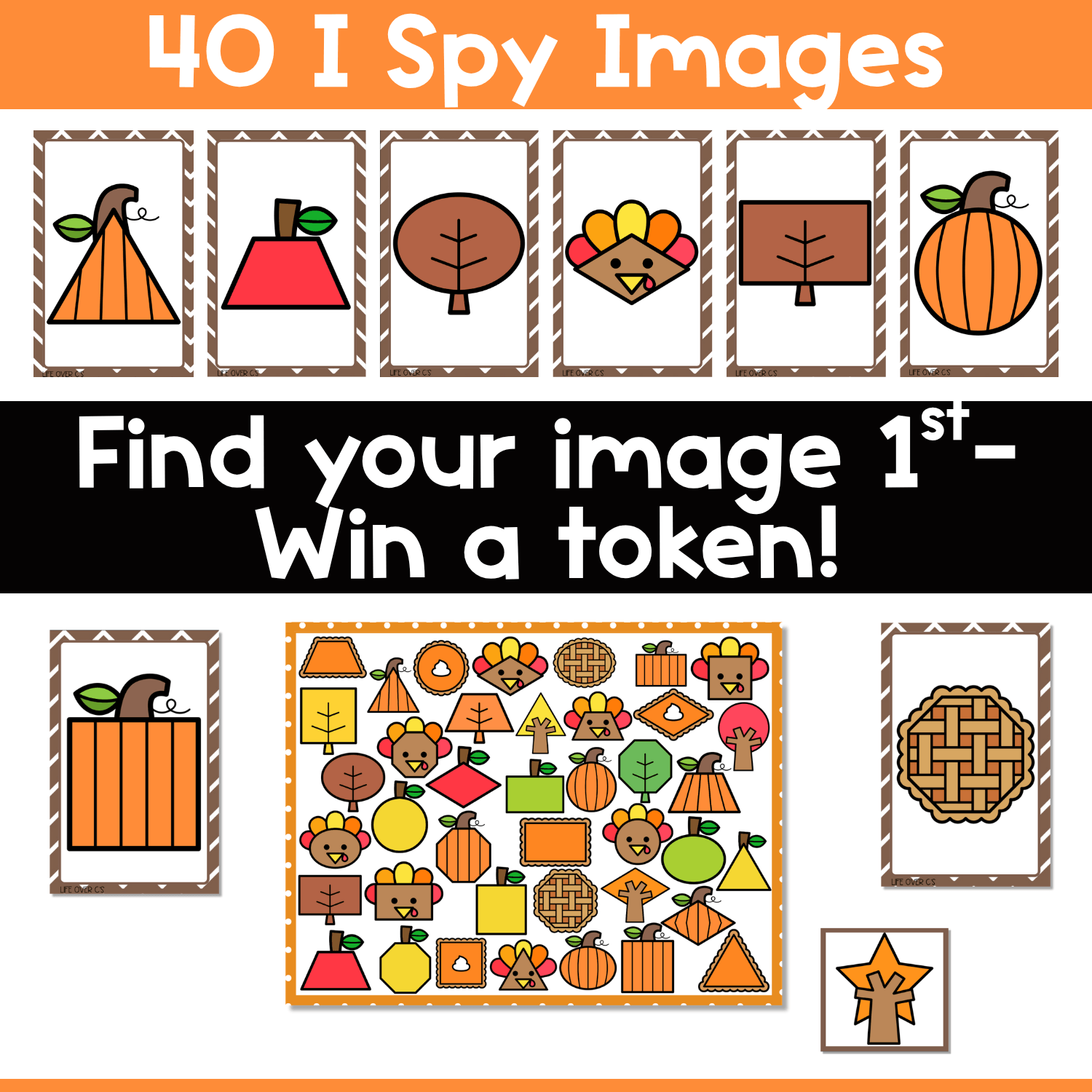Fall shapes I Spy board game directions image showing 40 picture cards, printable fall shape game board, and token play for visual discrimination, visual scanning, and autumn shape identification practice