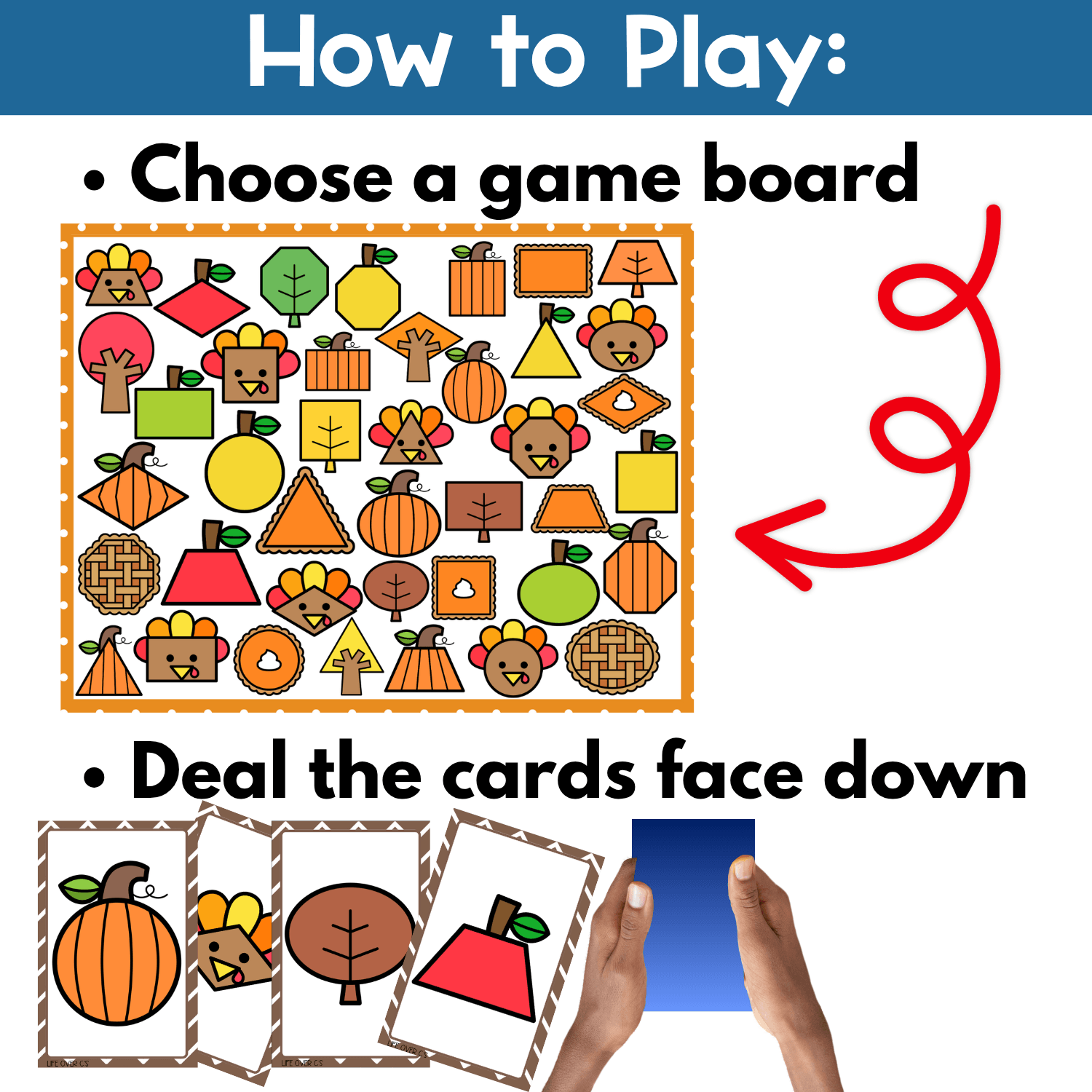 How to play fall shapes I Spy board game printable with step-by-step directions, game board setup, and face-down draw pile cards for preschool fall shape recognition and visual scanning practice
