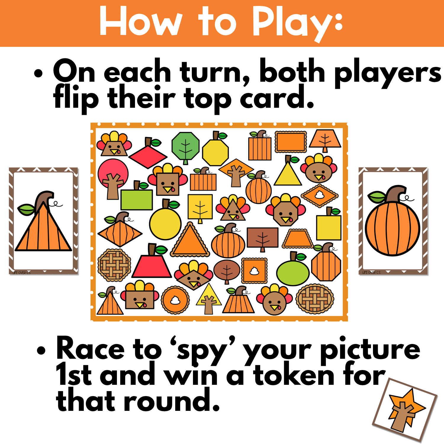 How to play fall shapes I Spy board game image showing both players flip their top card, race to find the matching fall shape picture on the board, and win a token for 2D shape recognition and interactive autumn math fun