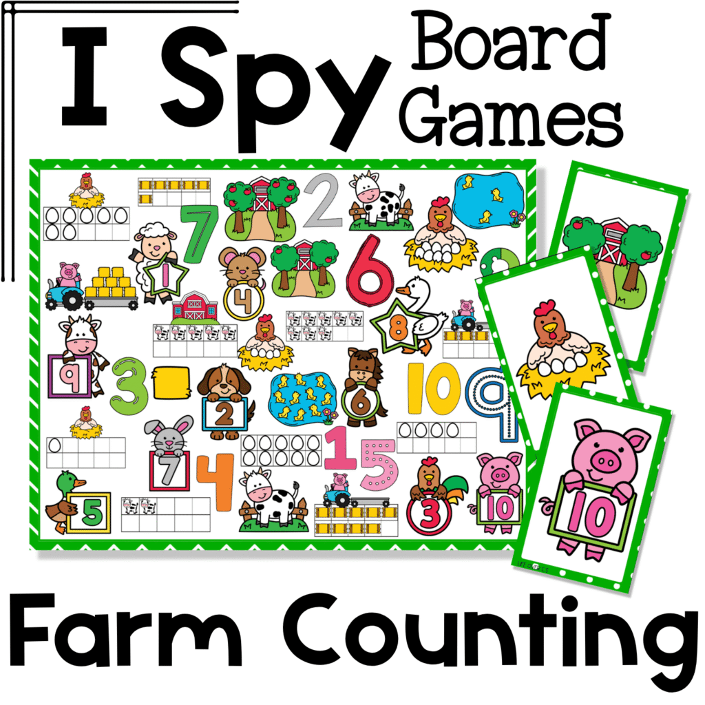 Farm Counting I Spy Flip Board Game cover image showing a preschool and kindergarten counting game with farm animals, numbers 1–10, ten frames, and picture cards for hands-on number recognition practice