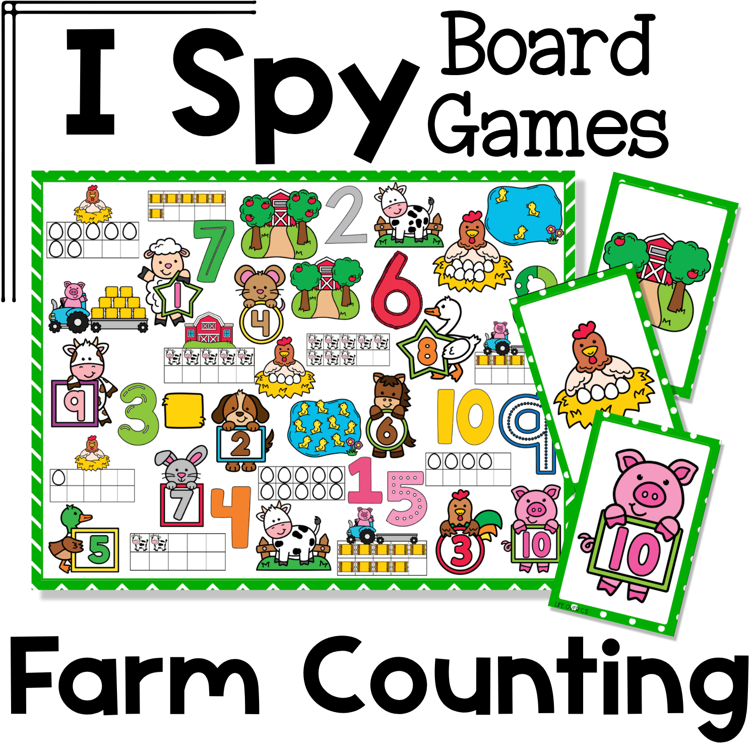 Farm Counting I Spy Flip Board Game cover image showing a preschool and kindergarten counting game with farm animals, numbers 1–10, ten frames, and picture cards for hands-on number recognition practice