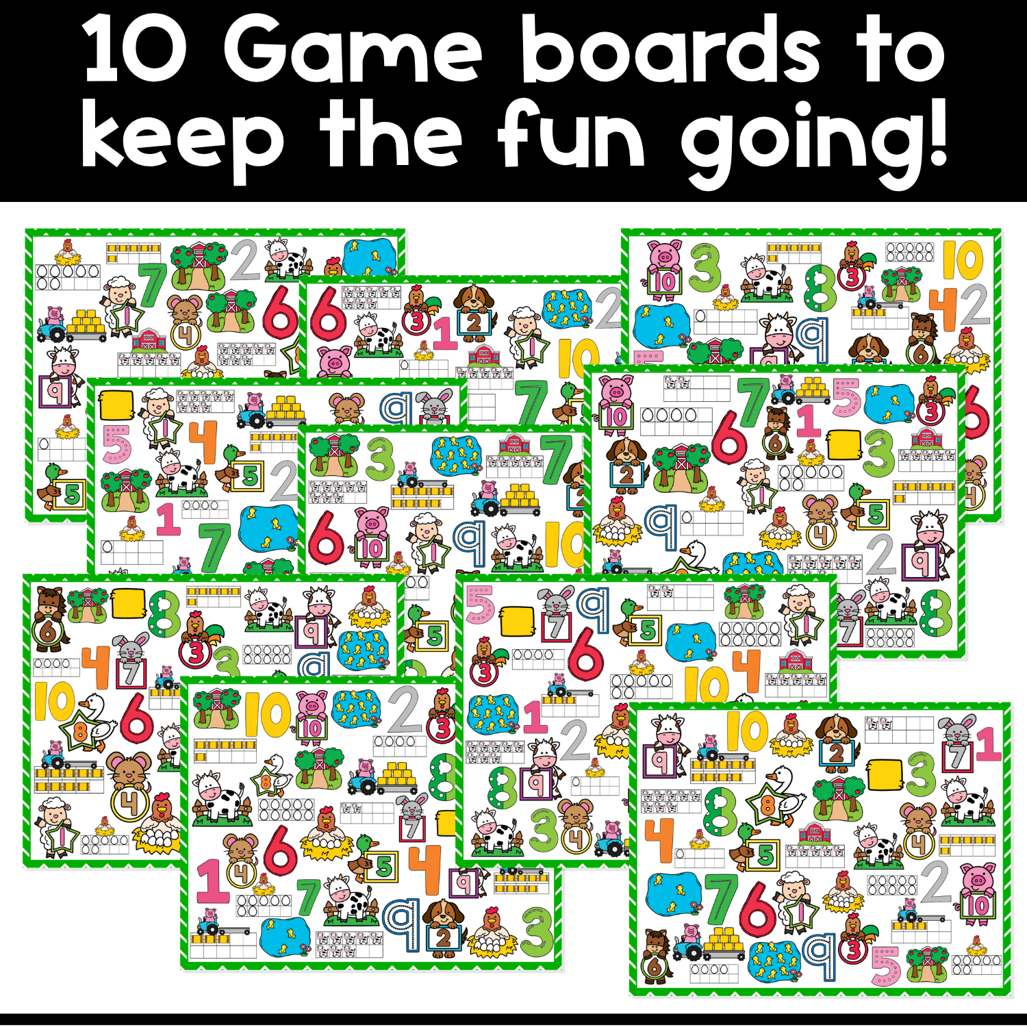 Farm counting game boards for the I Spy Flip Board Game featuring 10 printable farm-themed boards with numbers 1–10, ten frames, and cute farm animal pictures for preschool math centers
