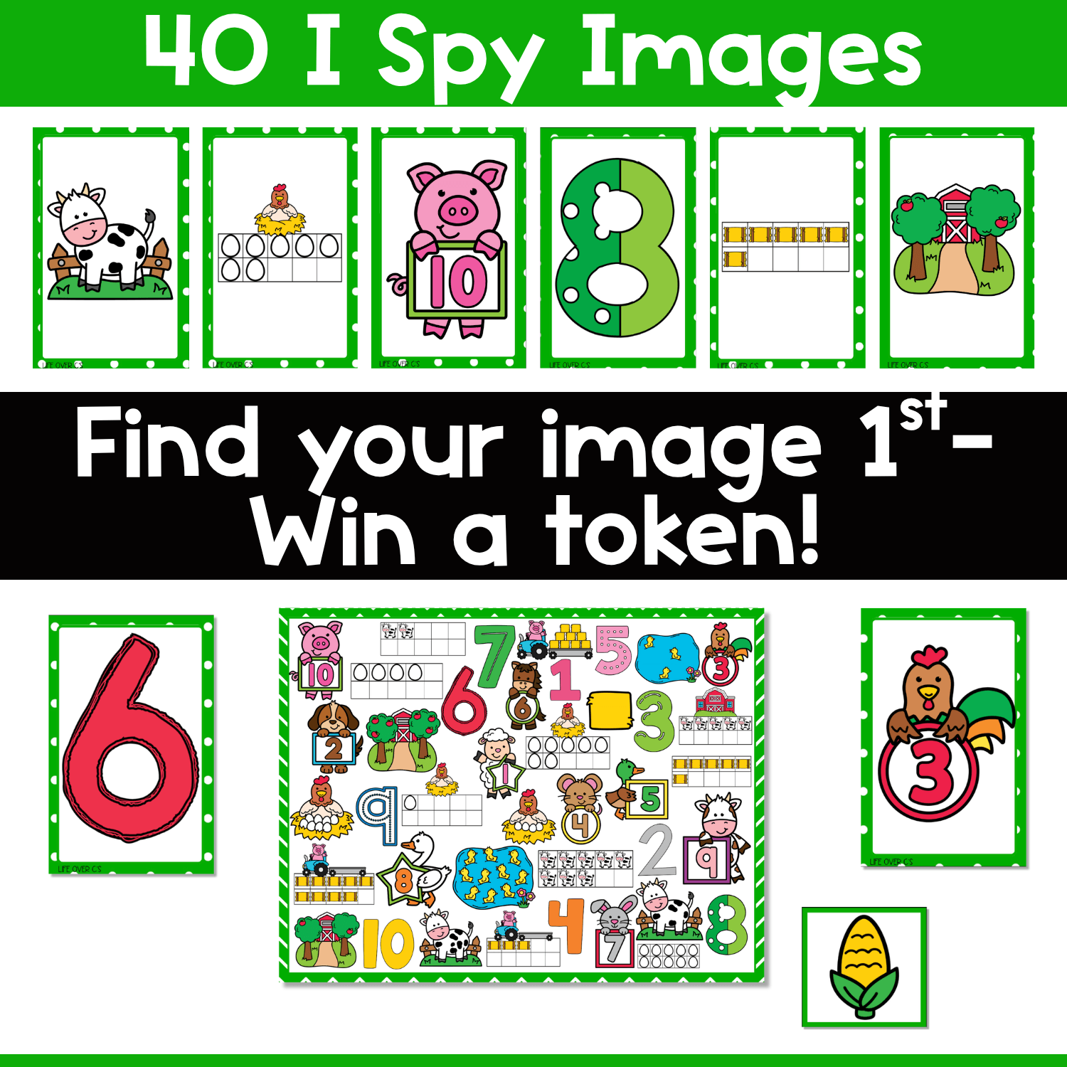 Farm Counting I Spy Flip Board Game gameplay preview showing 40 I Spy image cards, a farm math board, ten frames, and number cards for counting skills, one-to-one correspondence, and number recognition