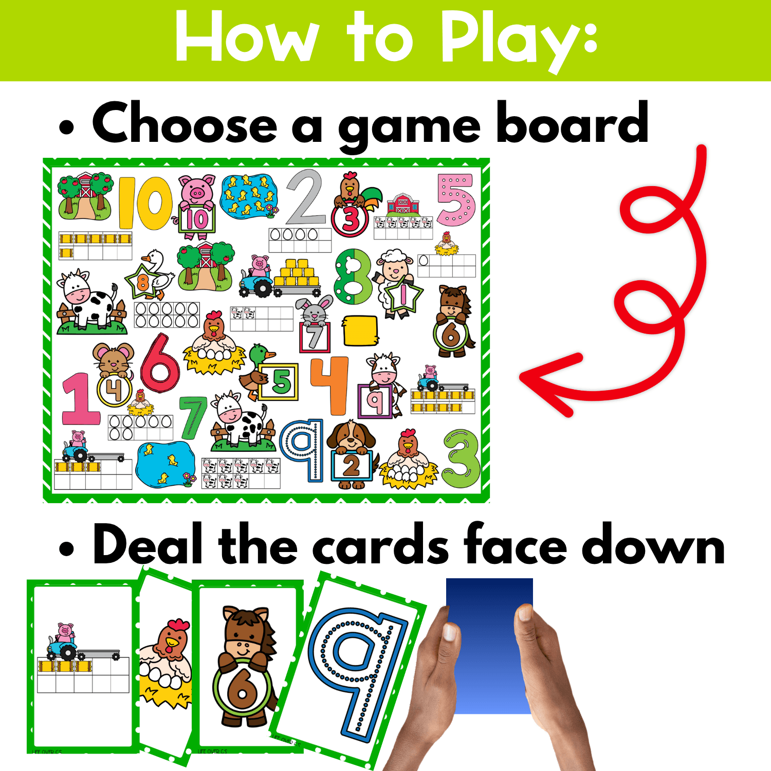 How to play Farm Counting I Spy Flip Board Game image showing one farm-themed game board and face-down cards for a hands-on preschool counting game with visual scanning and number recognition practice