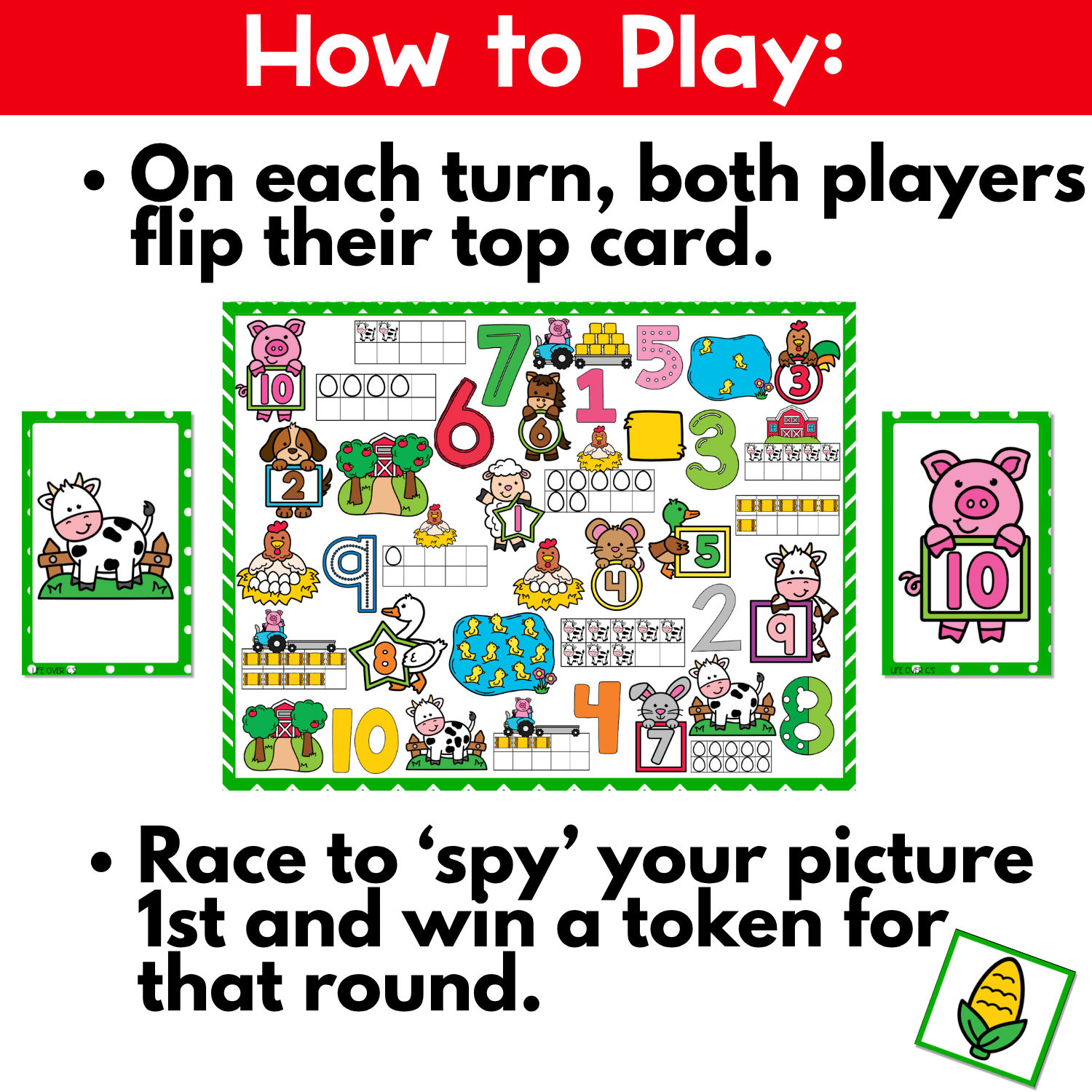Farm Counting I Spy Flip Board Game instruction image showing players flipping cards to find matching farm pictures first while practicing counting 1–10, number recognition, and visual discrimination