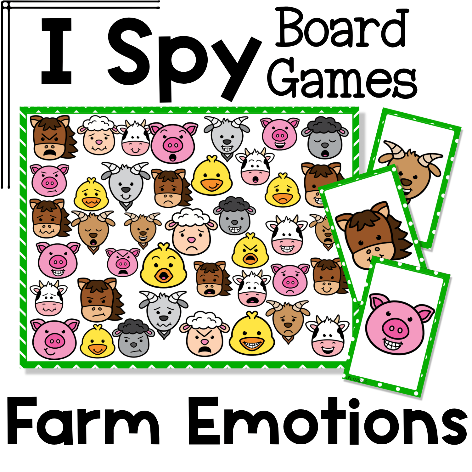Farm emotions I Spy board game cover showing expressive farm animal faces like pigs, chicks, sheep, goats, horses, and cows for emotion recognition, emotion identification, visual discrimination, and social emotional learning in preschool and kindergarten