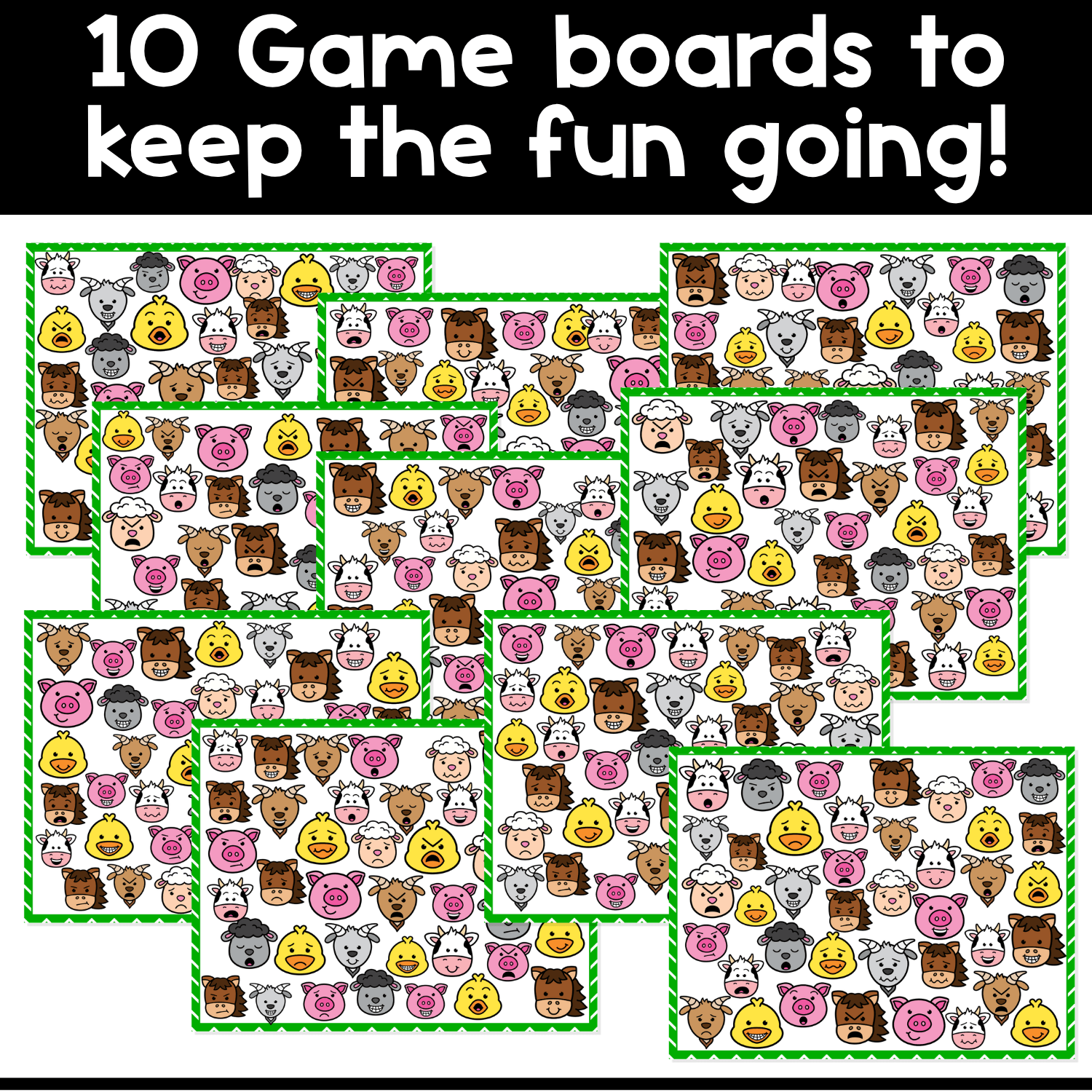 Set of 10 printable farm emotions I Spy board game boards for preschool and kindergarten, designed for emotion recognition, facial expression matching, visual scanning, and social emotional learning with farm animal faces