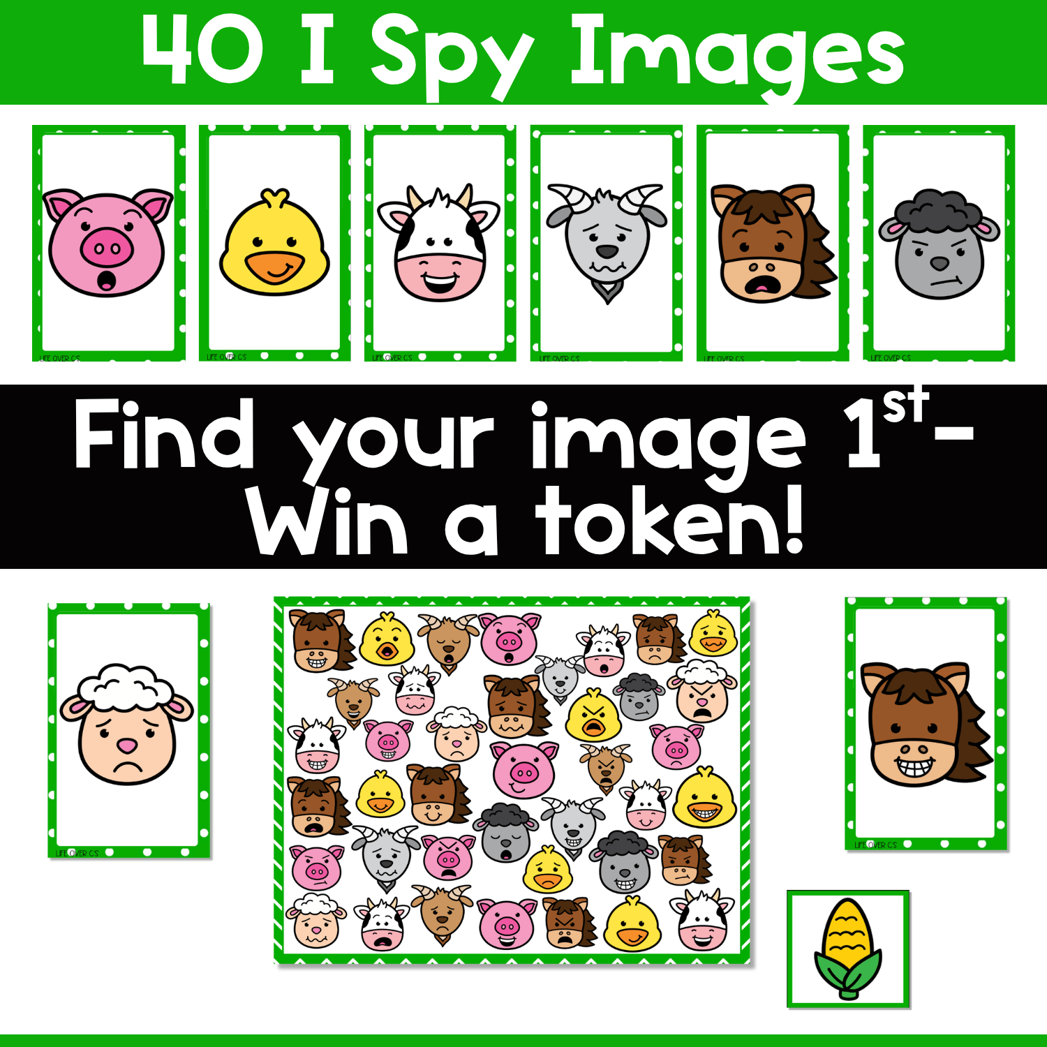 Farm emotions I Spy board game directions image showing 40 emotion picture cards, expressive farm animal faces, game board, and token play for emotion identification, visual discrimination, and social emotional learning practice