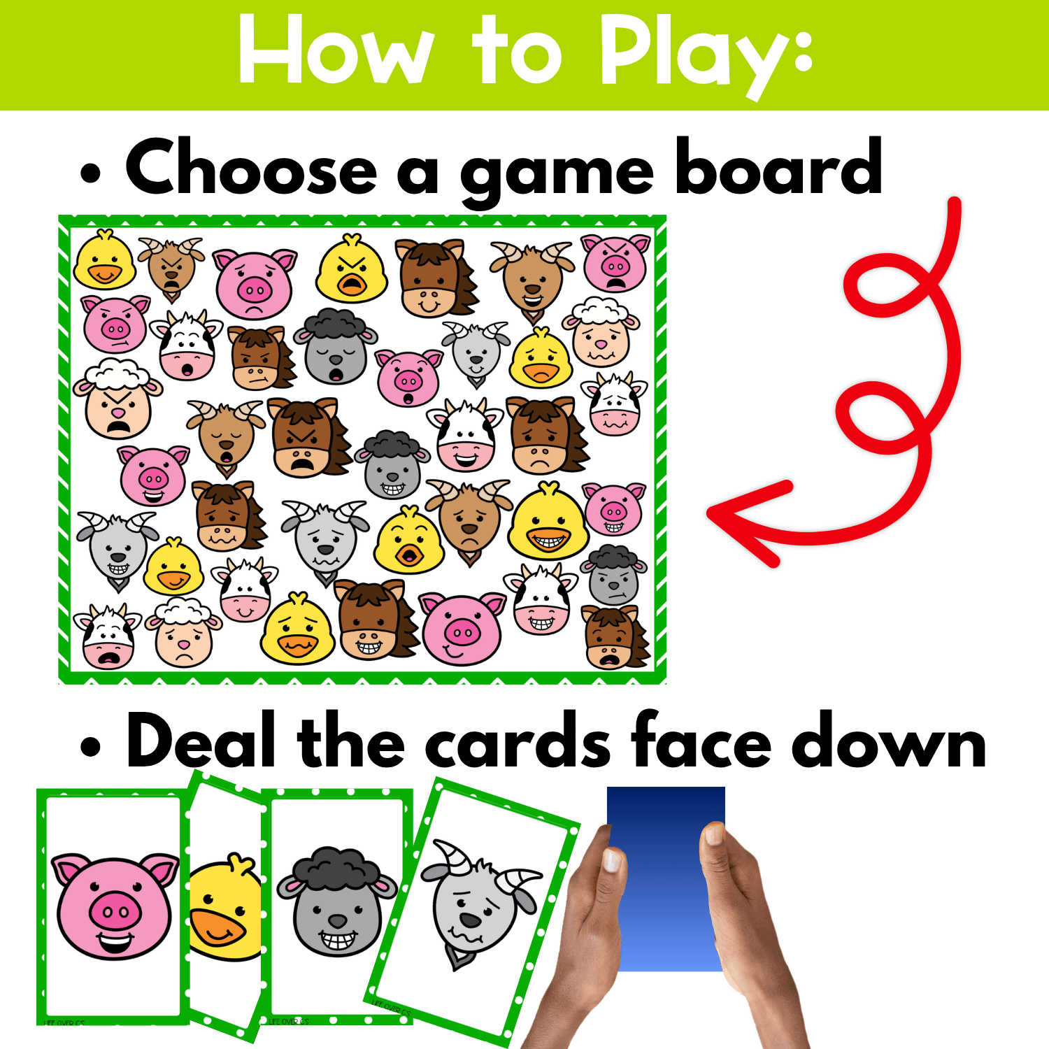 How to play farm emotions I Spy board game printable with step-by-step directions, game board setup, and face-down draw pile cards for preschool emotion recognition, facial expression matching, and social emotional learning