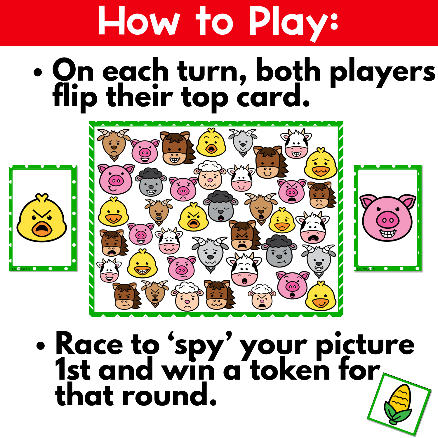 How to play farm emotions I Spy board game image showing both players flip their top card, race to find the matching farm animal emotion face, and win a token for emotion identification and social emotional learning fun