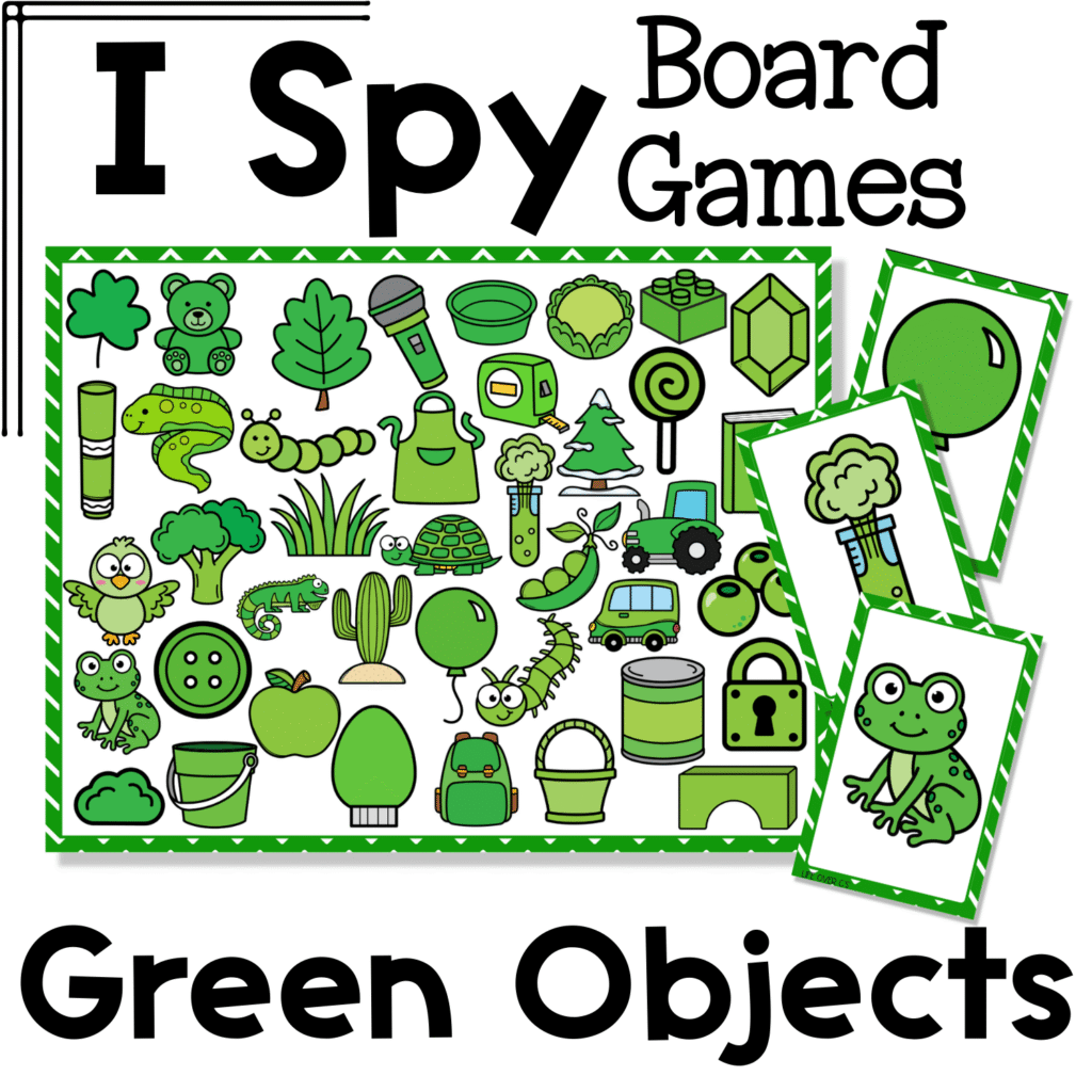 Green objects I Spy board game cover with printable game board and matching cards featuring green themed objects like frog, balloon, broccoli, button, book, and turtle for preschool visual discrimination and color recognition